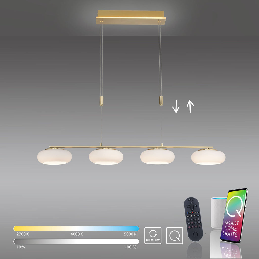 LED pendellampe Q-ETIENNE 4-lys messing CCT dimbar lys i varm hvit