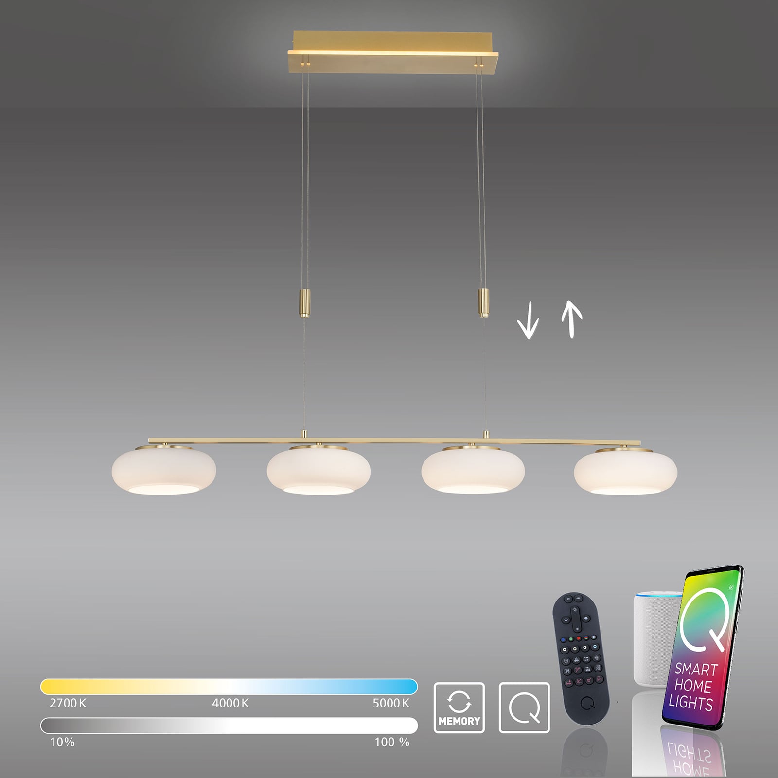 LED pendellampe Q-ETIENNE 4-lys messing CCT dimbar lys i varm hvit