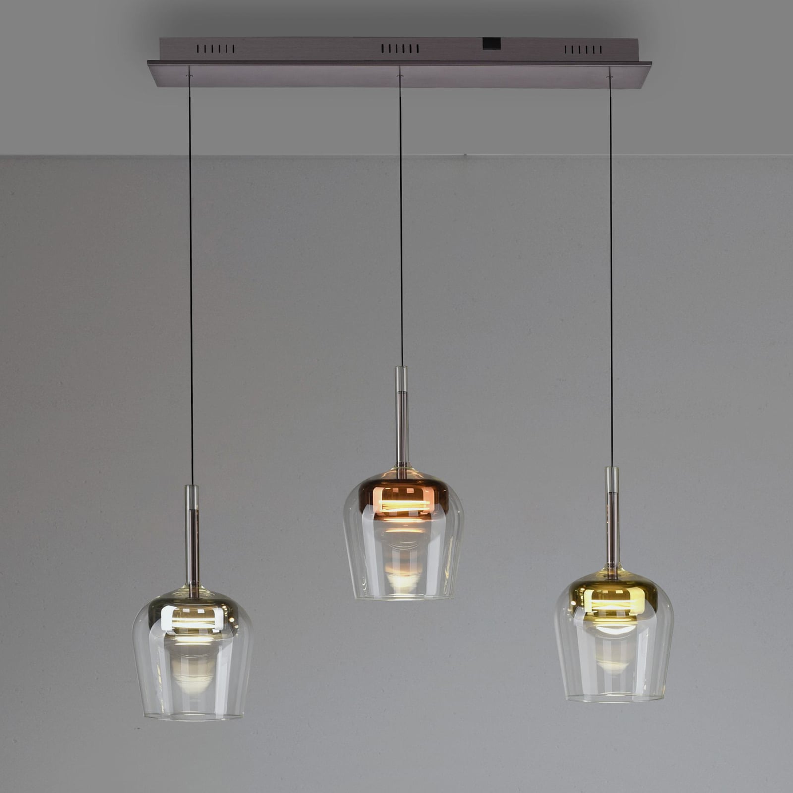 LED pendellampe Q-Kon 3-lys glass dimbar Zigbee 93 cm forfra