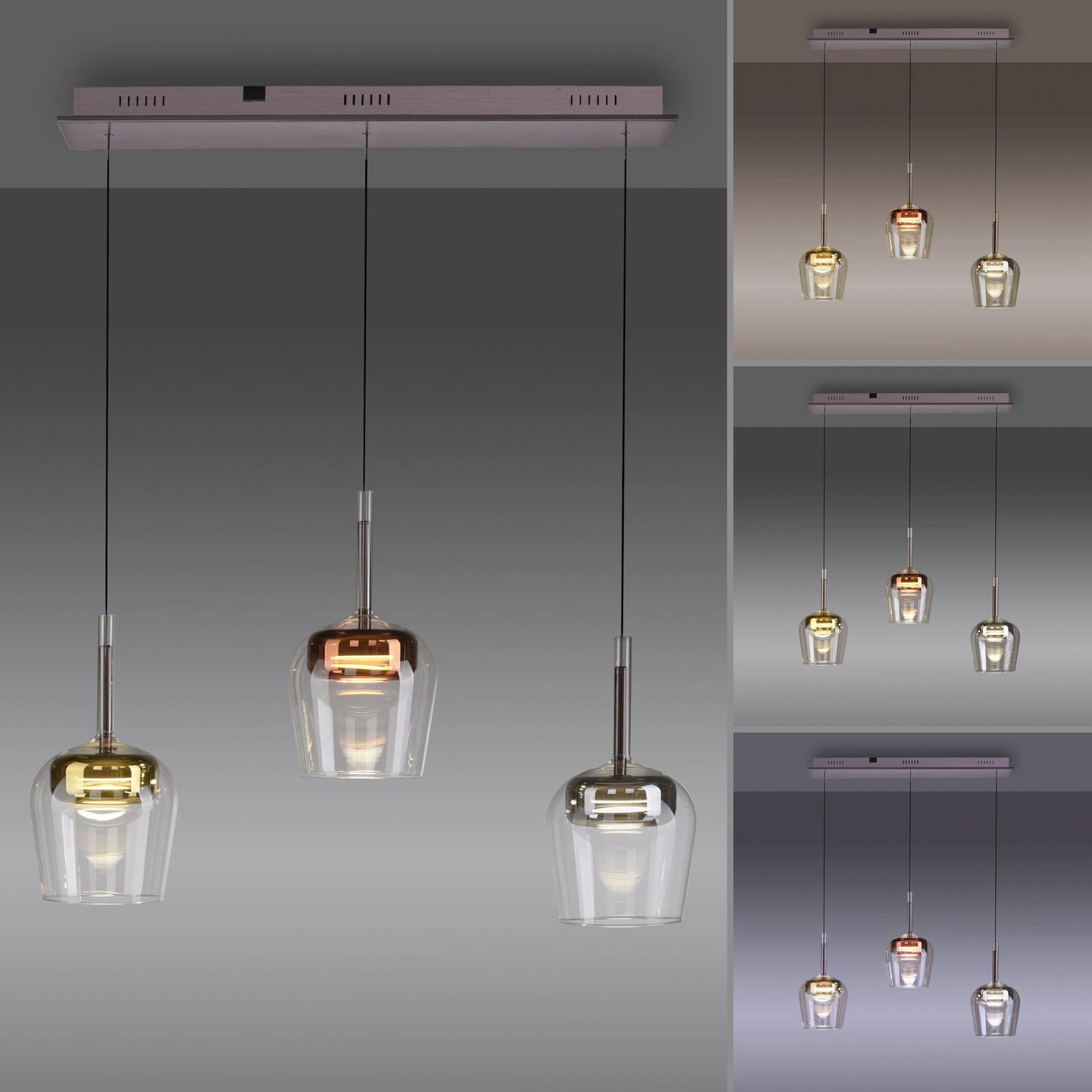 LED pendellampe Q-Kon 3-lys glass dimbar Zigbee 93 cm lys i bruk