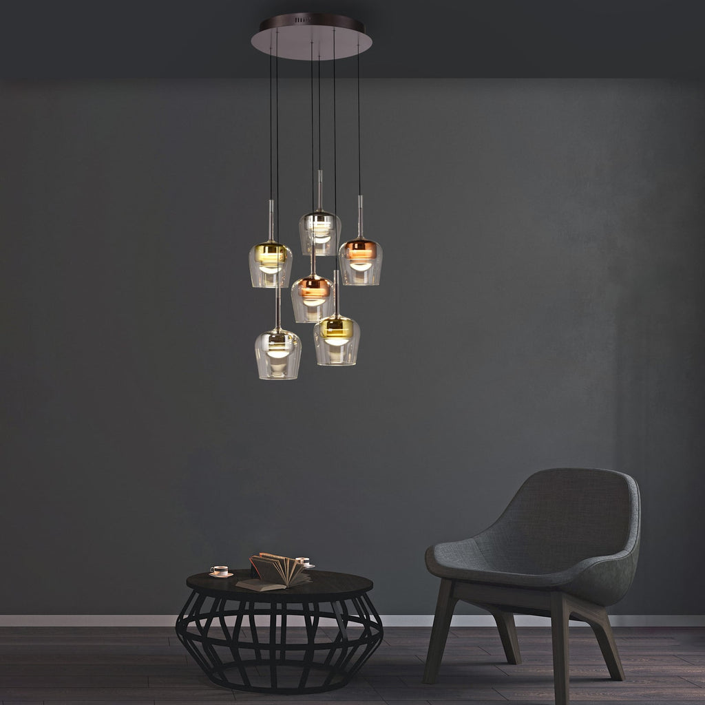 LED pendellampe Q-Kon 6-lys glass og aluminium bakside