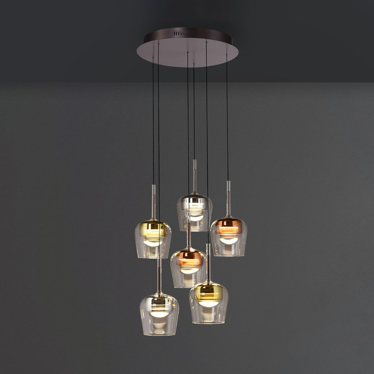 LED pendellampe Q-Kon 6-lys glass og aluminium forfra