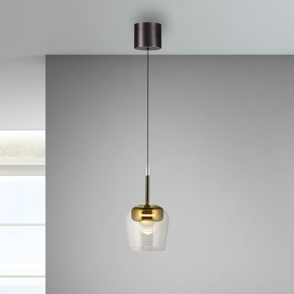 LED pendellampe Q-Kon glass gullfarget dimbar forfra