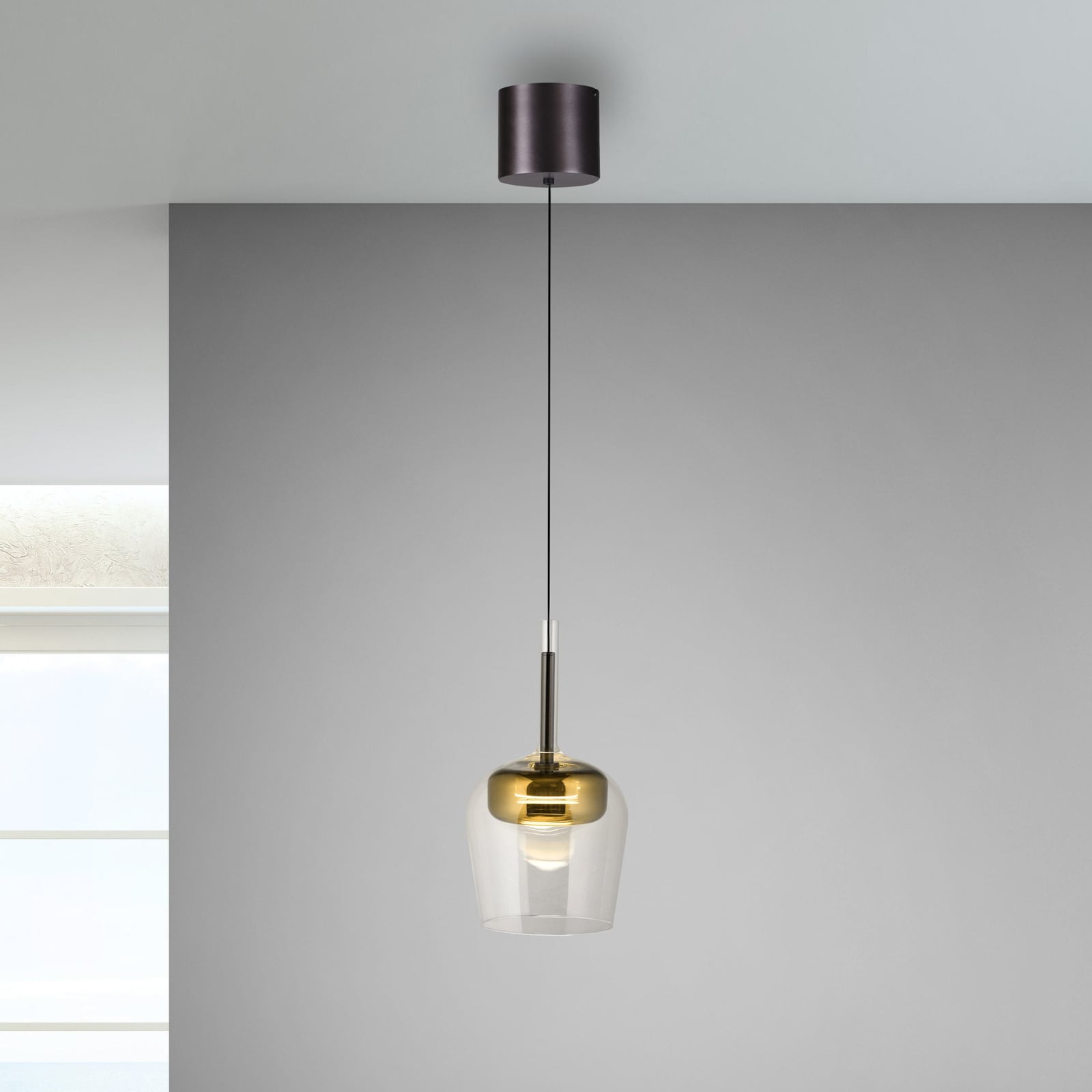 LED pendellampe Q-Kon glass gullfarget dimbar forfra