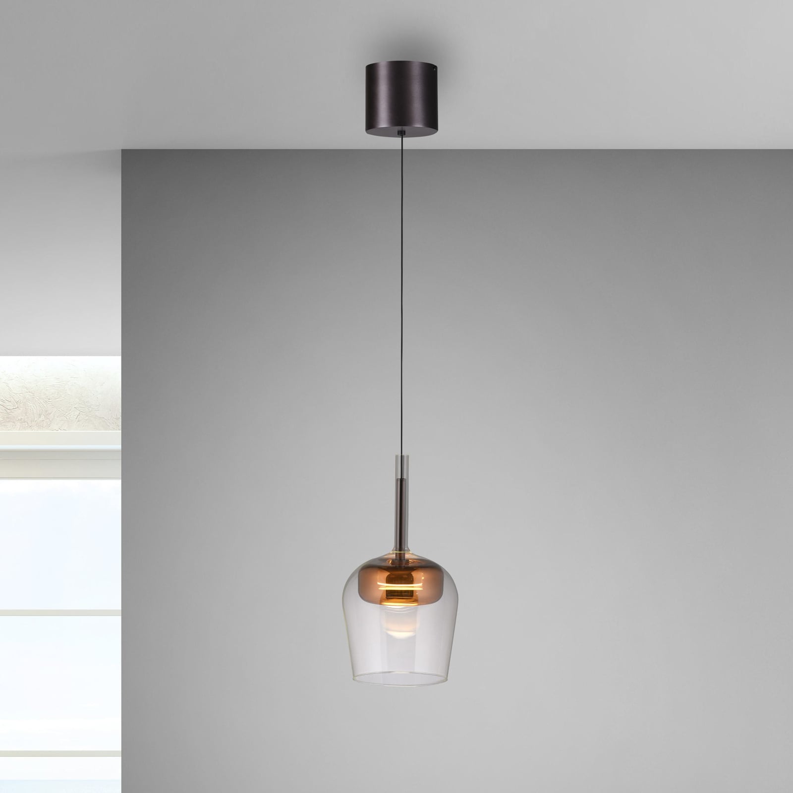 LED pendellampe Q-Kon glass dimbar Ø21 cm kobberfarget detalj av lampeglass