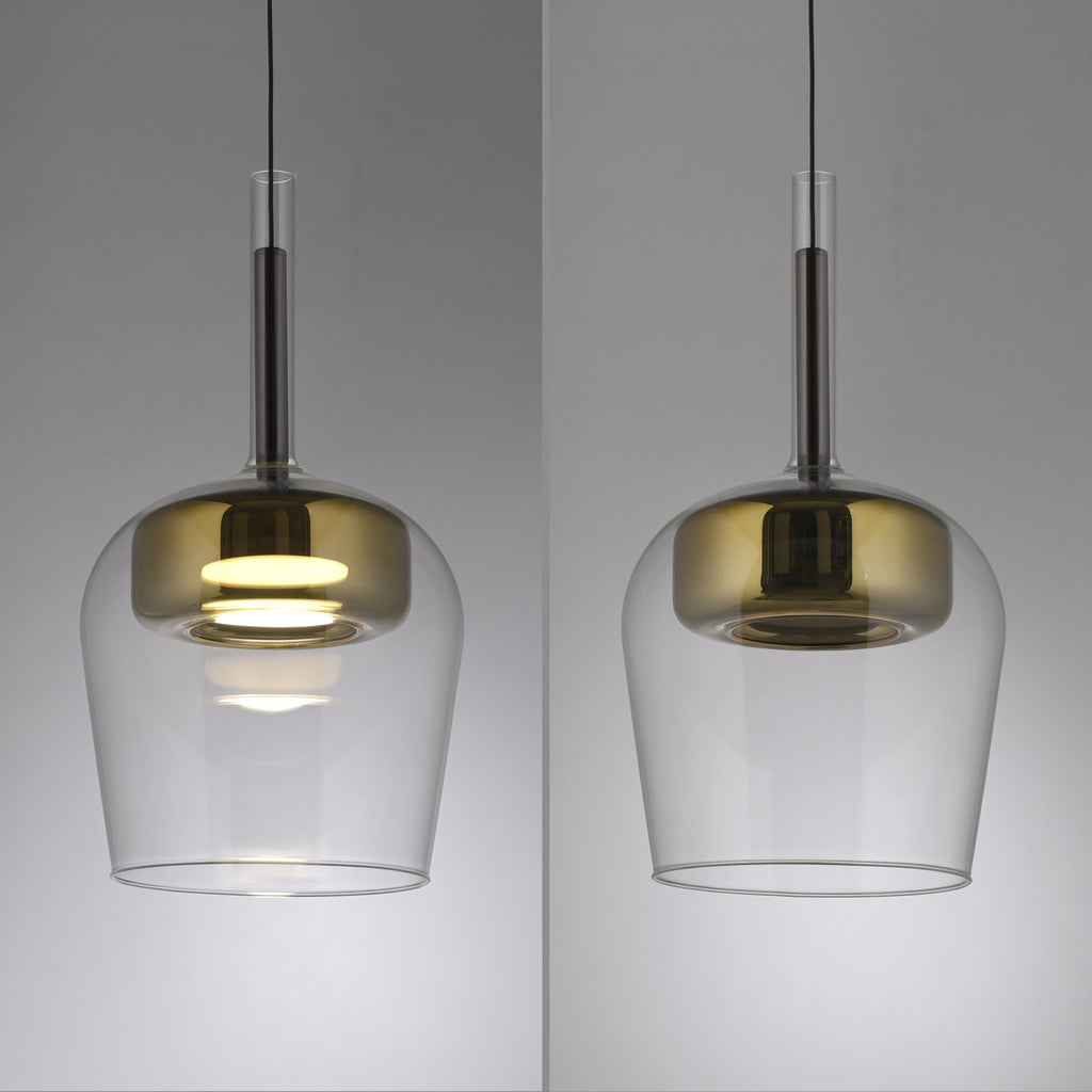 LED pendellampe Q-Kon glass gullfarget dimbar lampe i moderne interiør