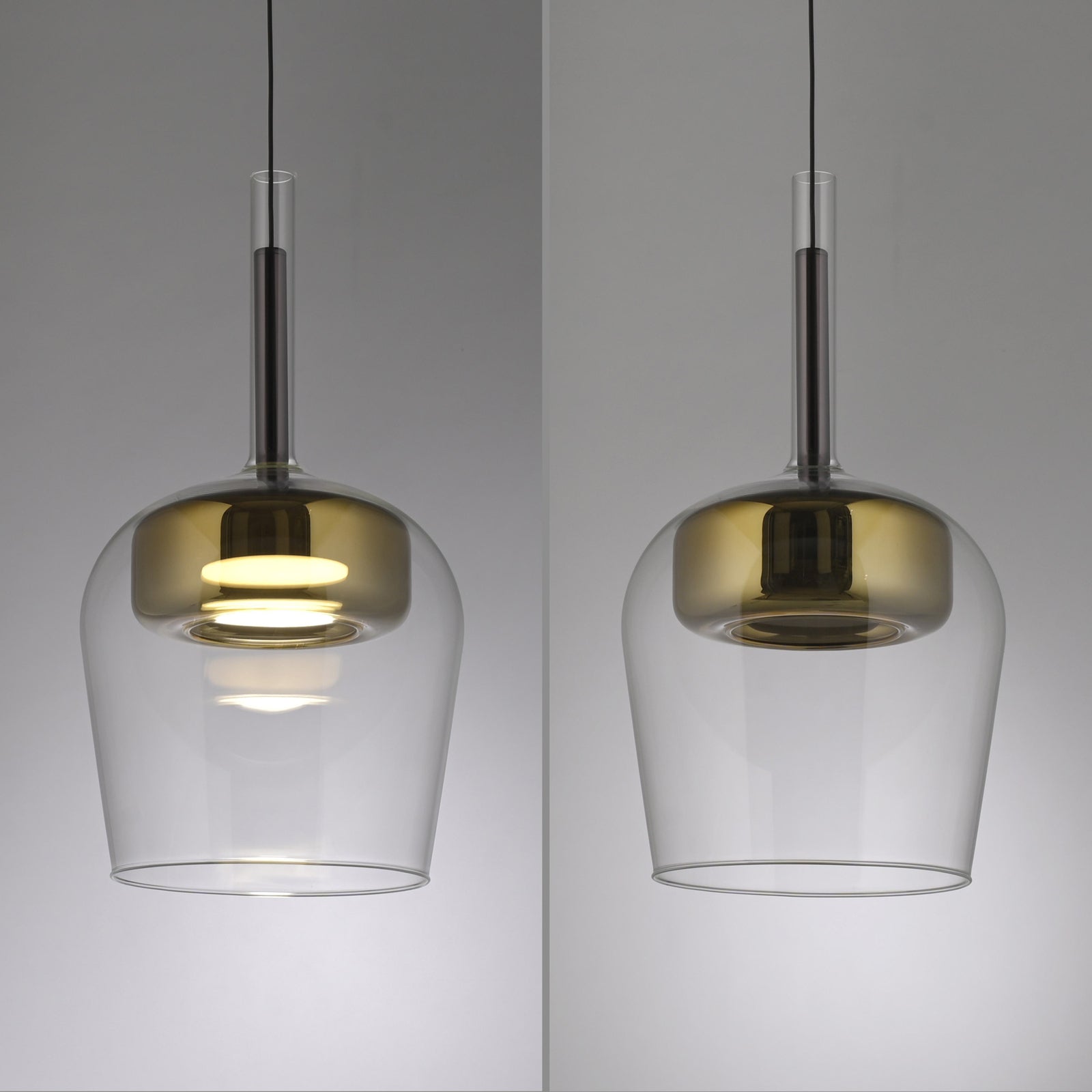 LED pendellampe Q-Kon glass gullfarget dimbar lampe i moderne interiør