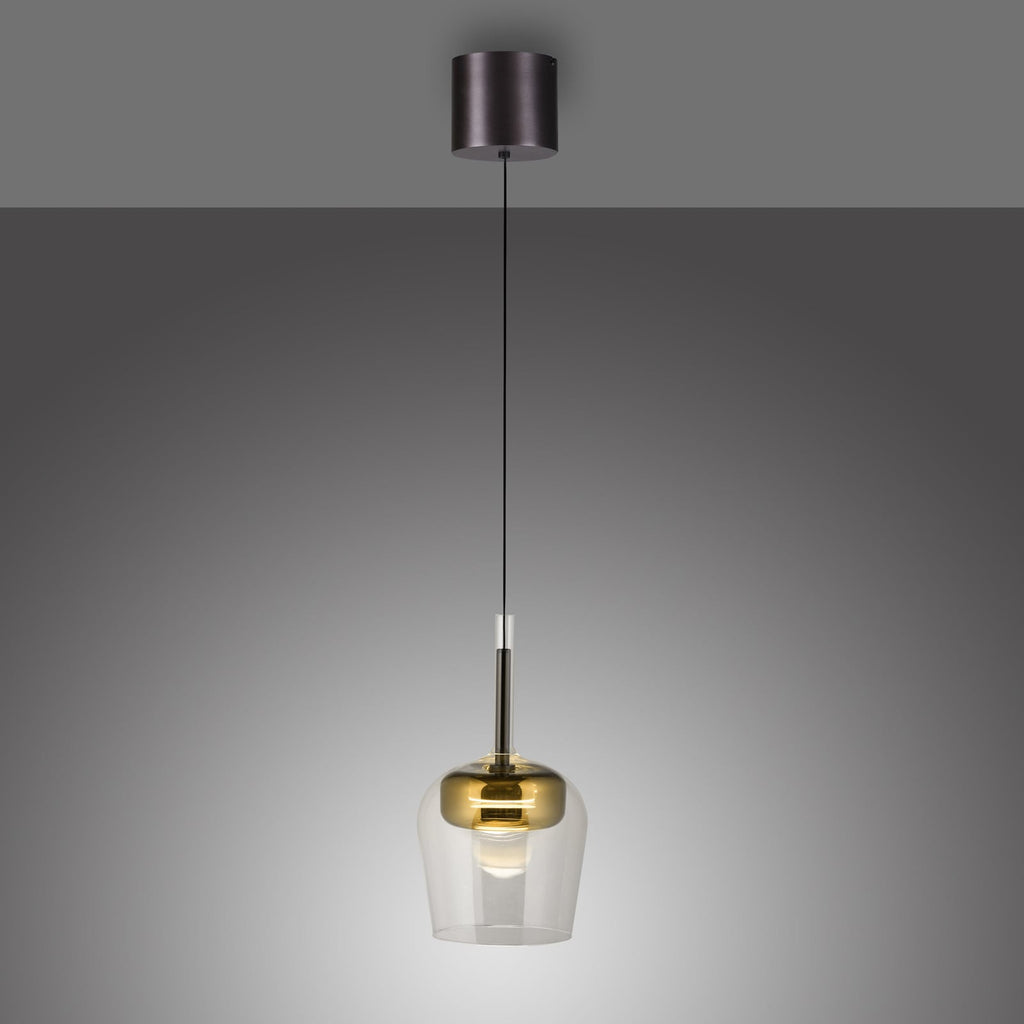 LED pendellampe Q-Kon glass gullfarget dimbar nærbilde av fjernkontroll