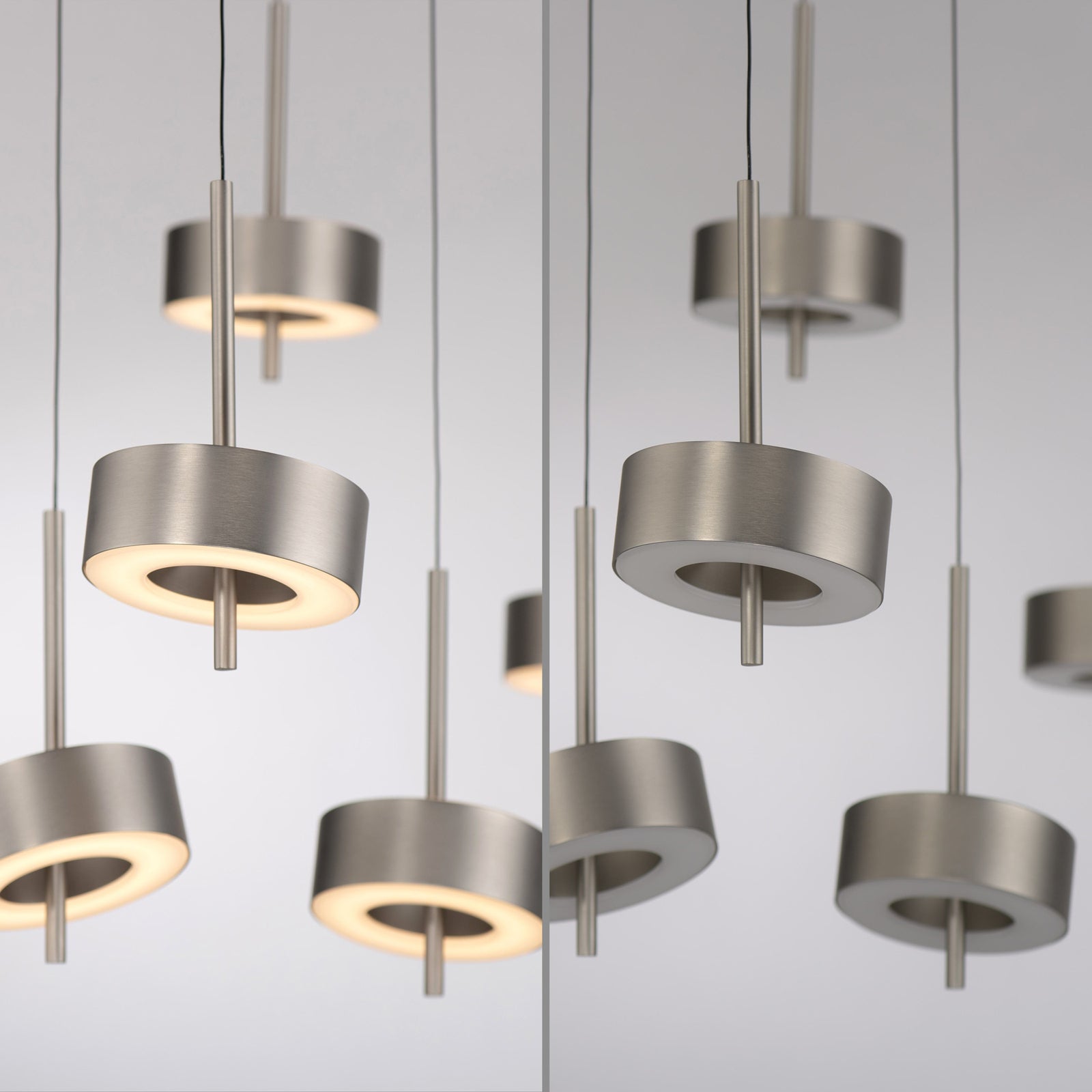 Sideprofil av LED pendellampe Q-Rotate 5-lys aluminium dimbar med justerbare skjermer