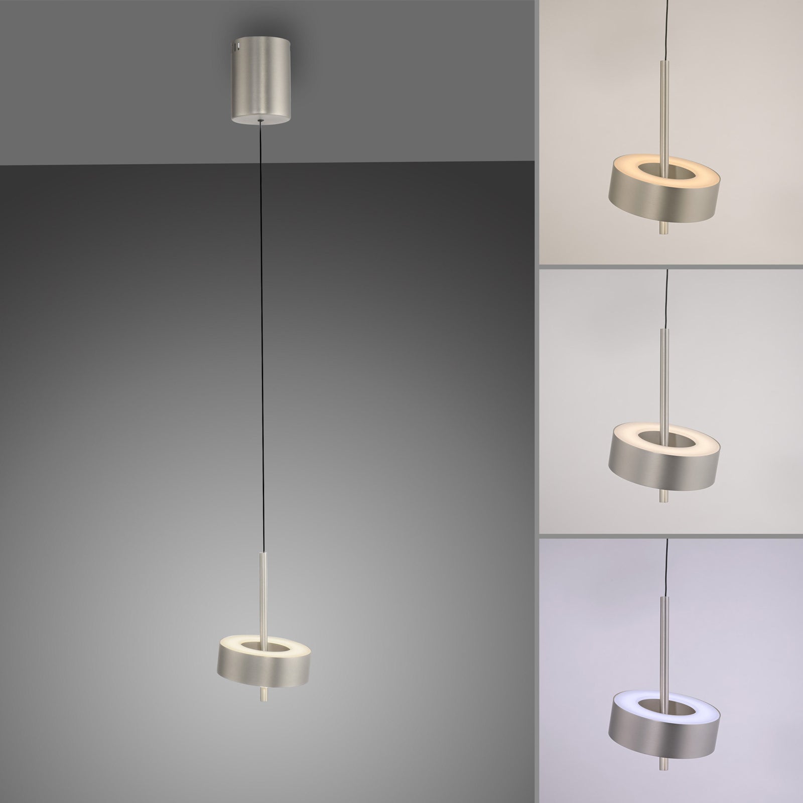 Lysstyrke og fargetemperaturinnstillinger på LED pendellampe Q-Rotate aluminium dimbar Ø14 cm