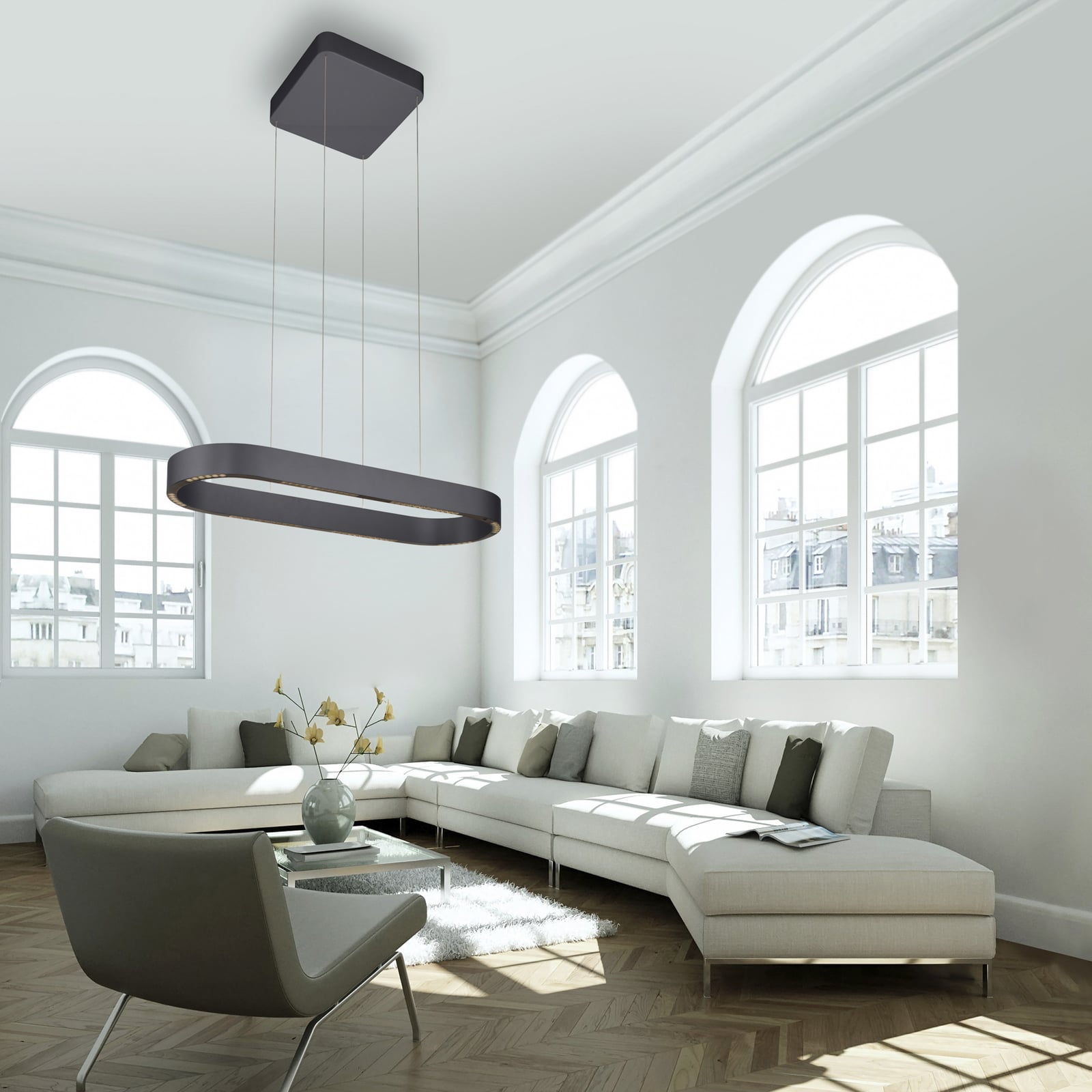 LED pendellampe Q-Stretto svart 86,8 cm CCT detalj av lampeskjerm