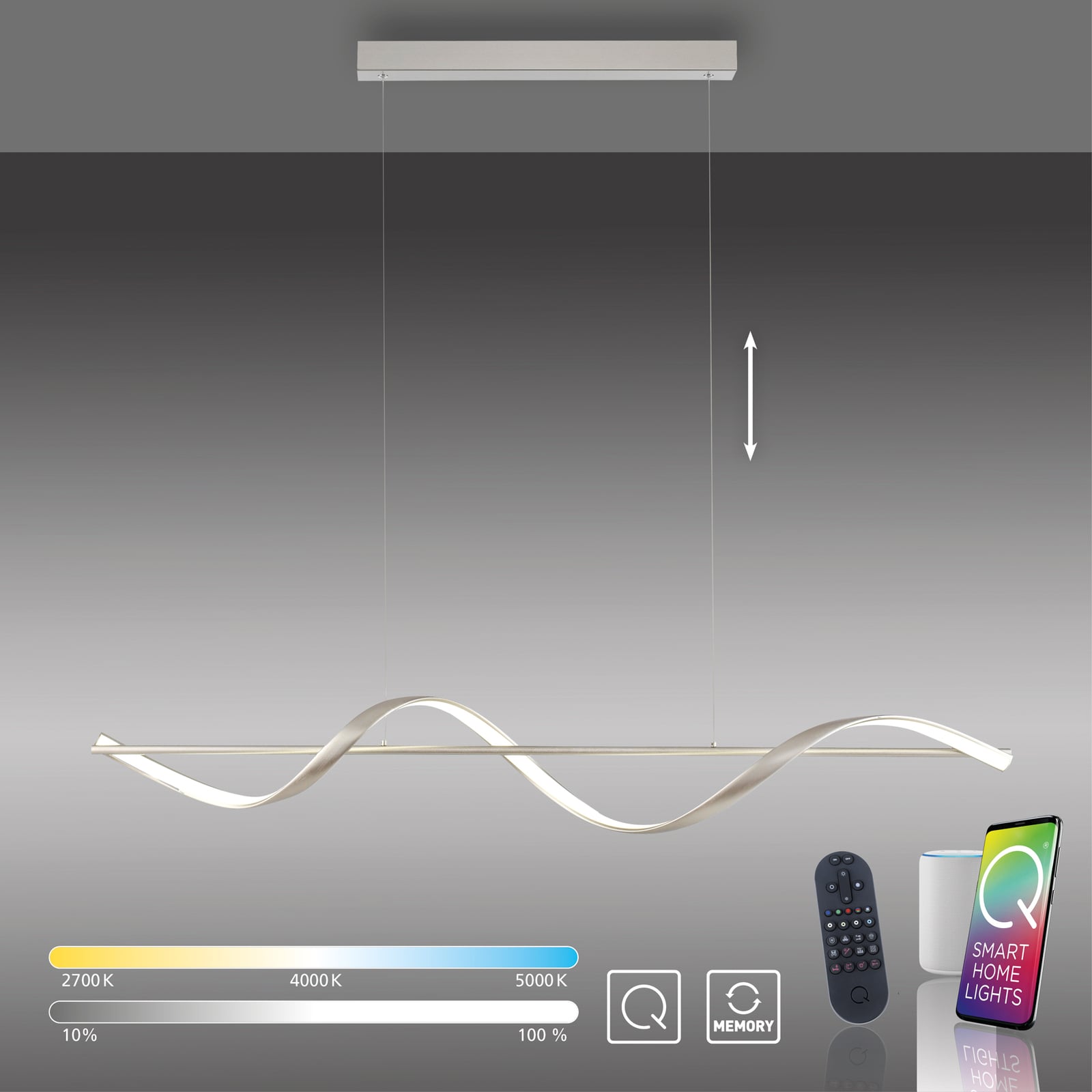 LED pendellampe Q-Swing dimbar CCT 121 cm stål Zigbee oppheng og baldakin