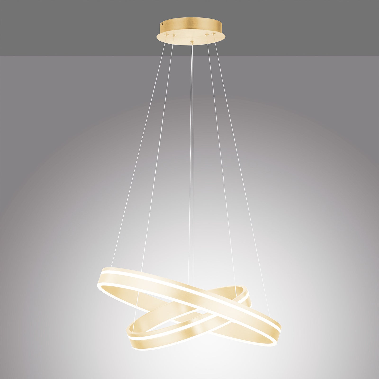Oversikt LED pendellampe Q-VITO 2 ringer messing CCT dimbar i interiør