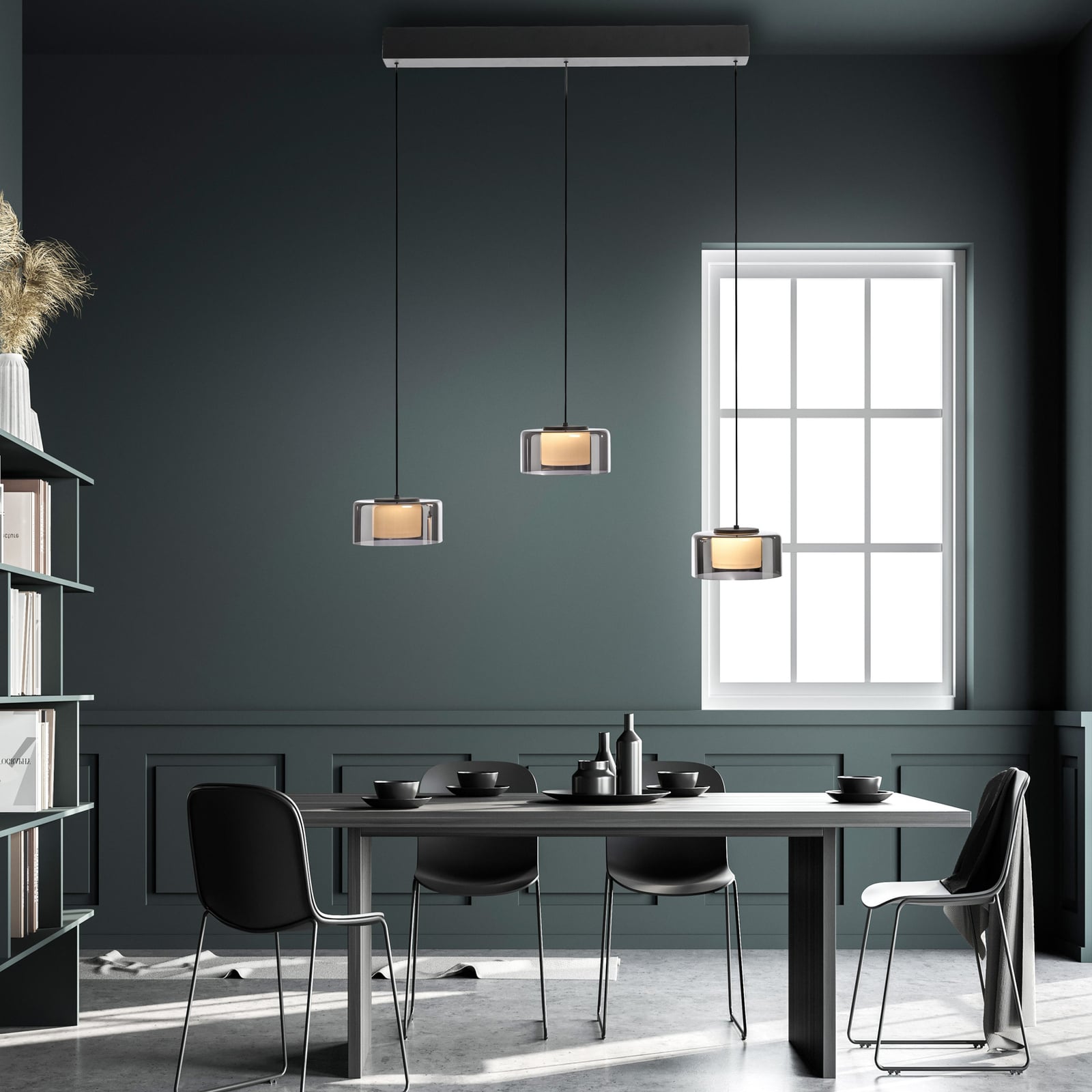 LED pendellampe Rika 3-lys røykglass dimbar 71 cm bakside