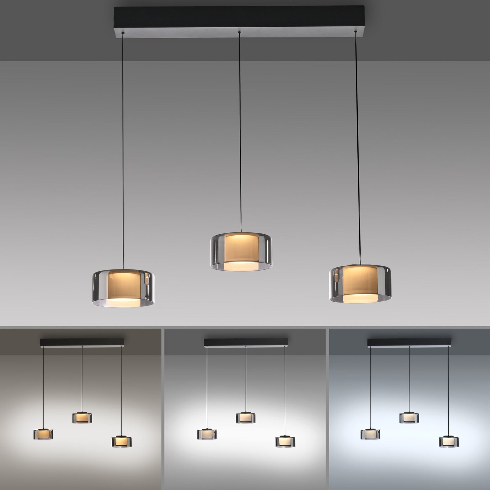 LED pendellampe Rika 3-lys røykglass dimbar 71 cm høydejustering
