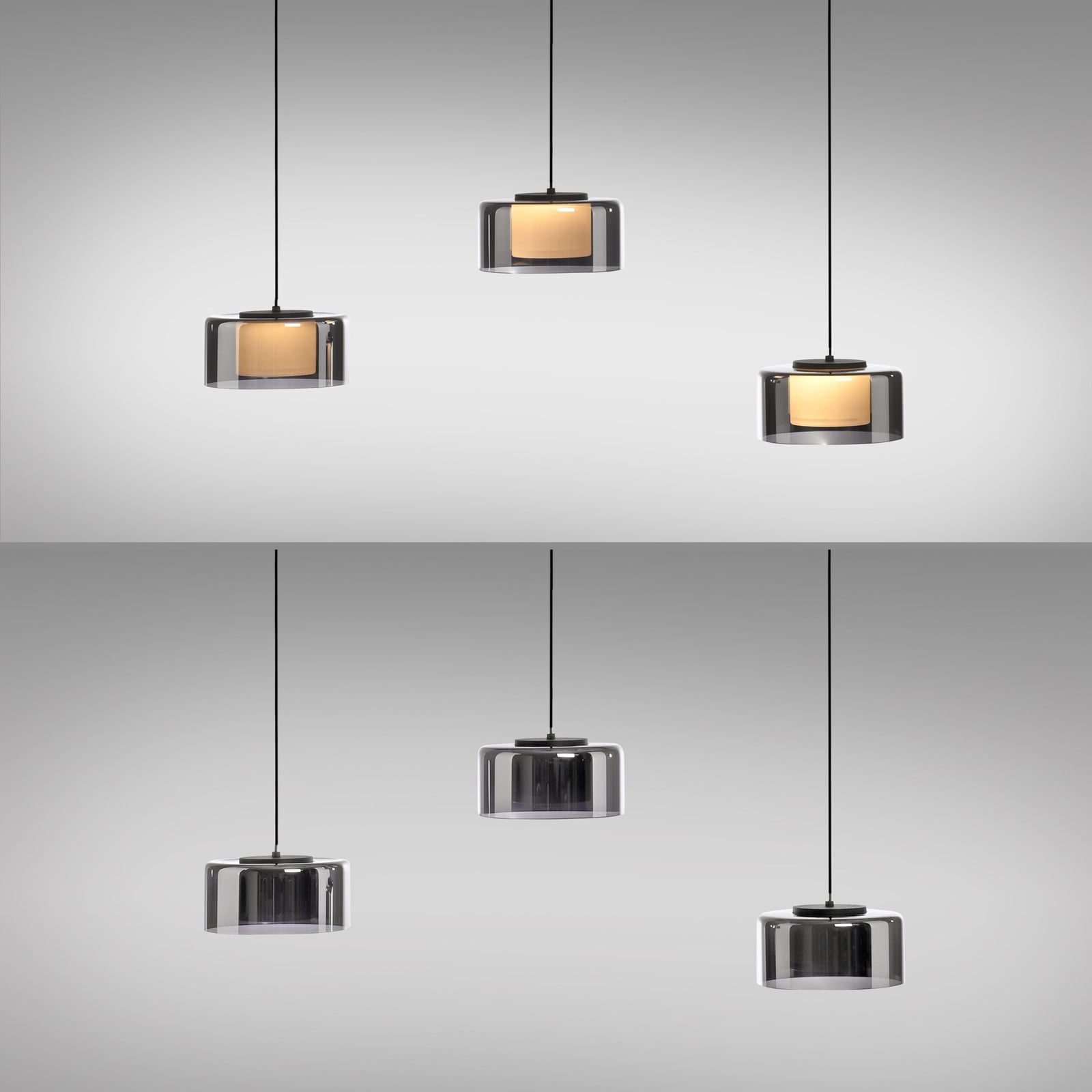 LED pendellampe Rika 3-lys røykglass dimbar 71 cm lys i bruk