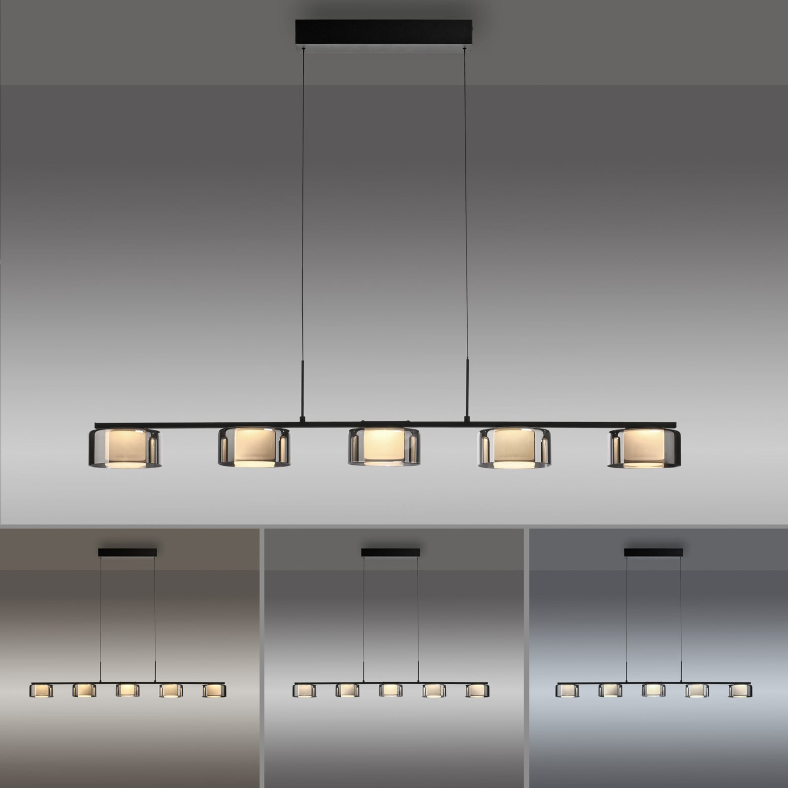 LED pendellampe Rika 5-lys røykglass dimbar 119 cm oversikt