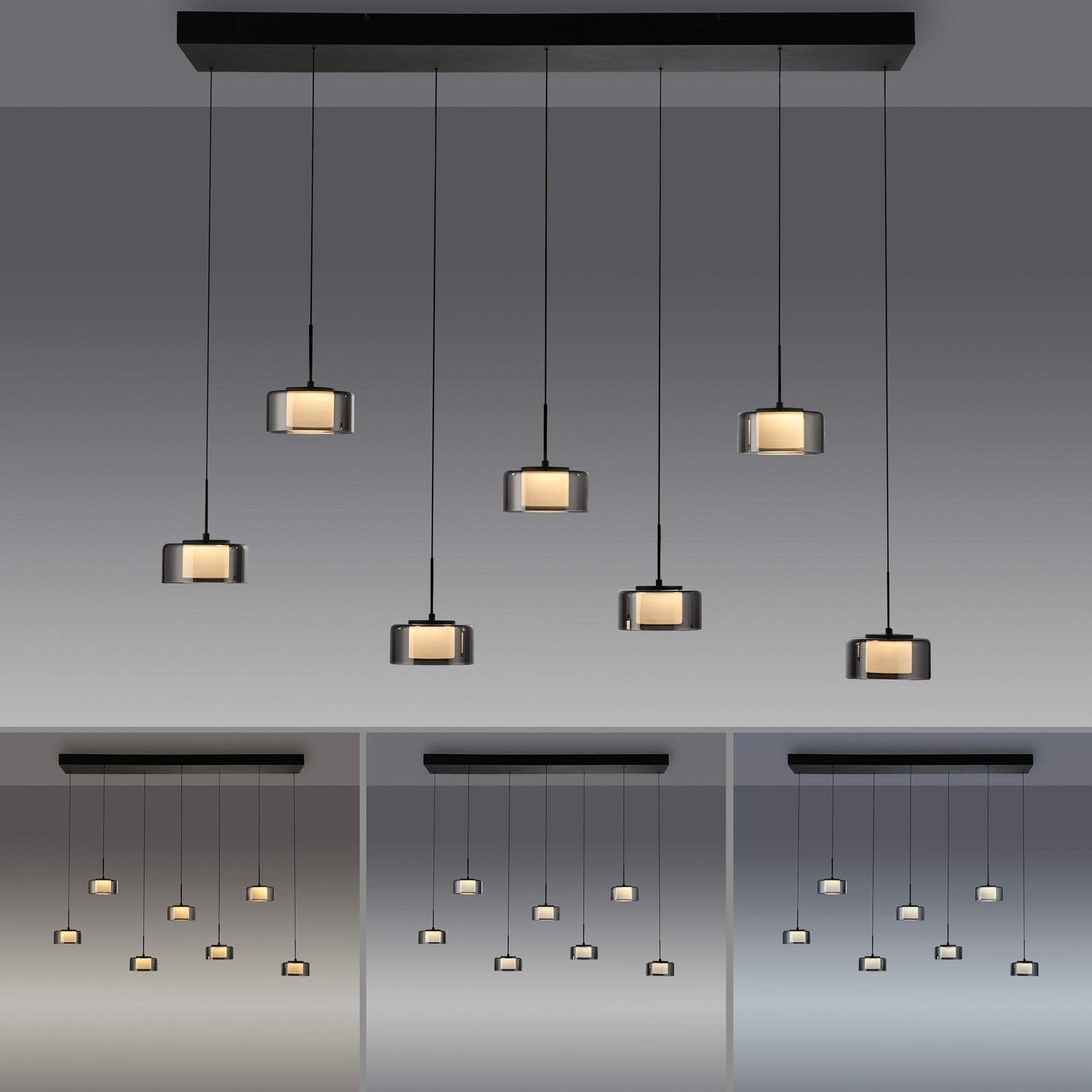 LED pendellampe Rika 7-lys røykglass dimbar 135 cm dimmefunksjon