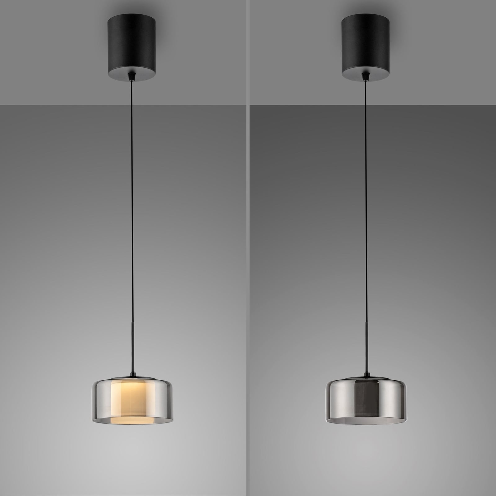 LED pendellampe Rika røykglass dimbar Ø15 cm lyser i rom