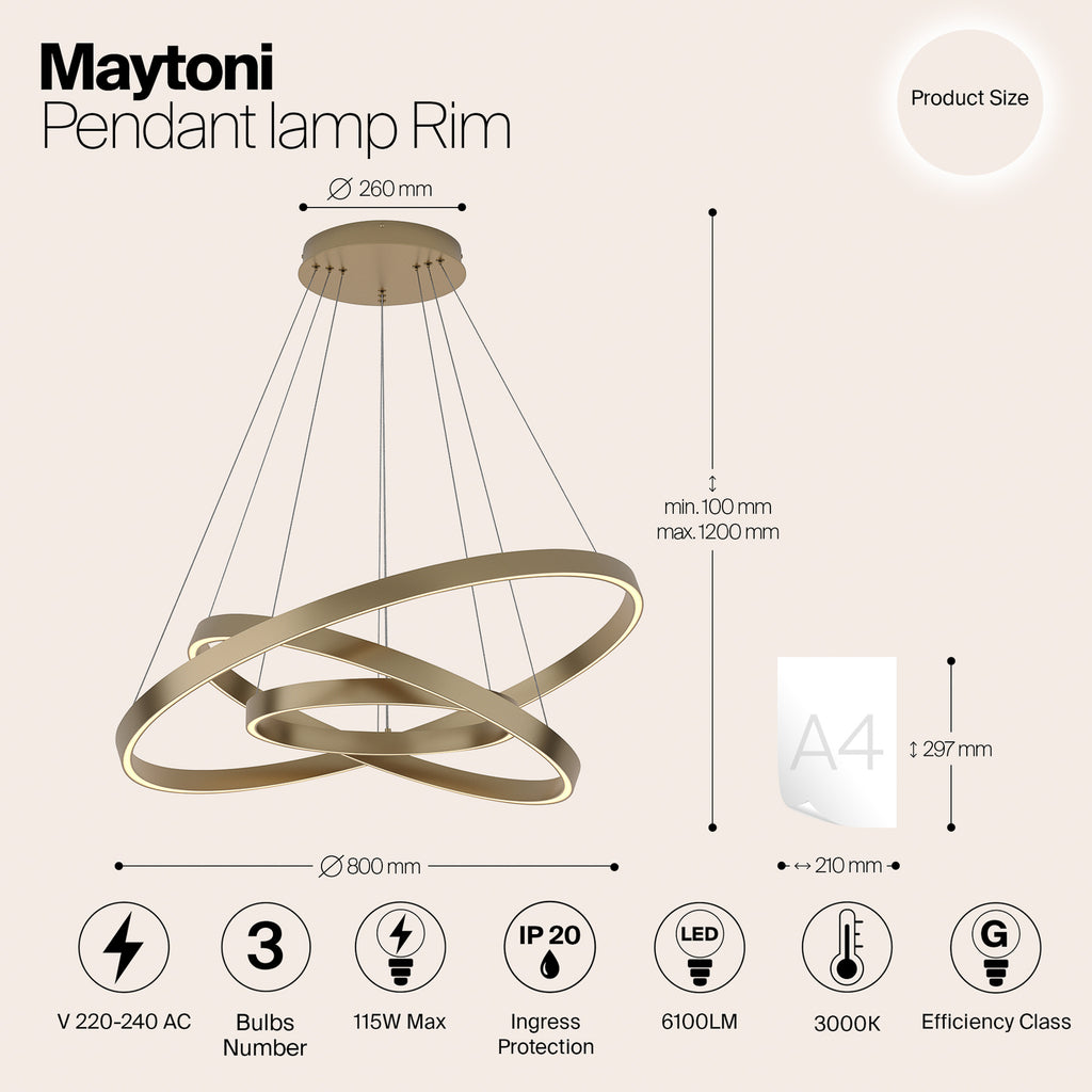 LED pendellampe Rim 3-lys messingfarget Ø80 cm synsvinkel fra siden