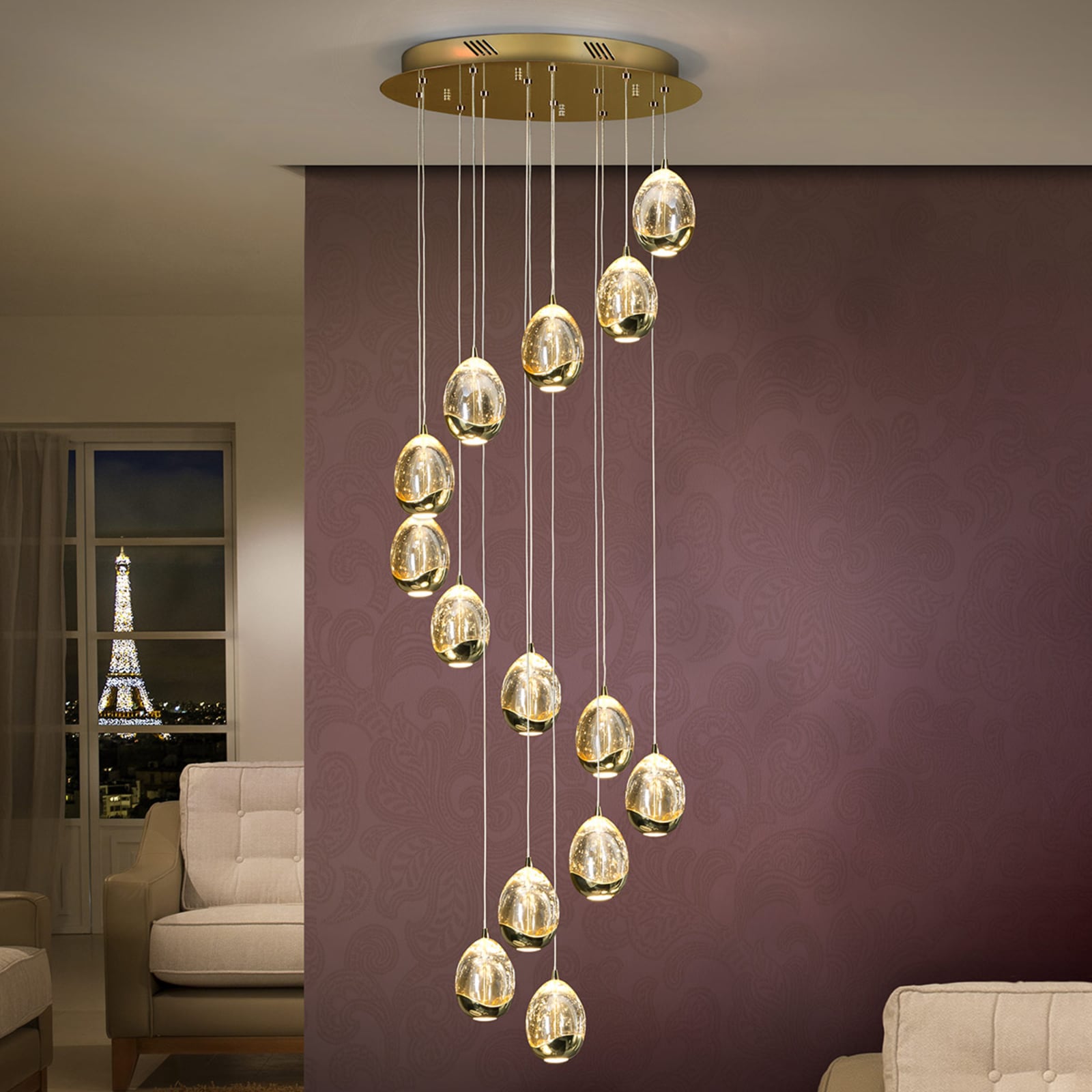 LED pendellampe Rocio 14-lys glass gull dimbar Bluetooth forfra
