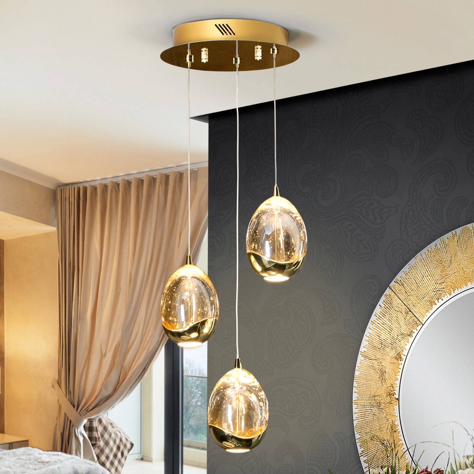 LED pendellampe Rocio 3-lys glass gullfarget forfra