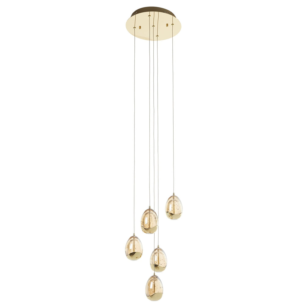 LED pendellampe Rocio 5-lys dimbar gullfarga glass detalj av glassskjermer