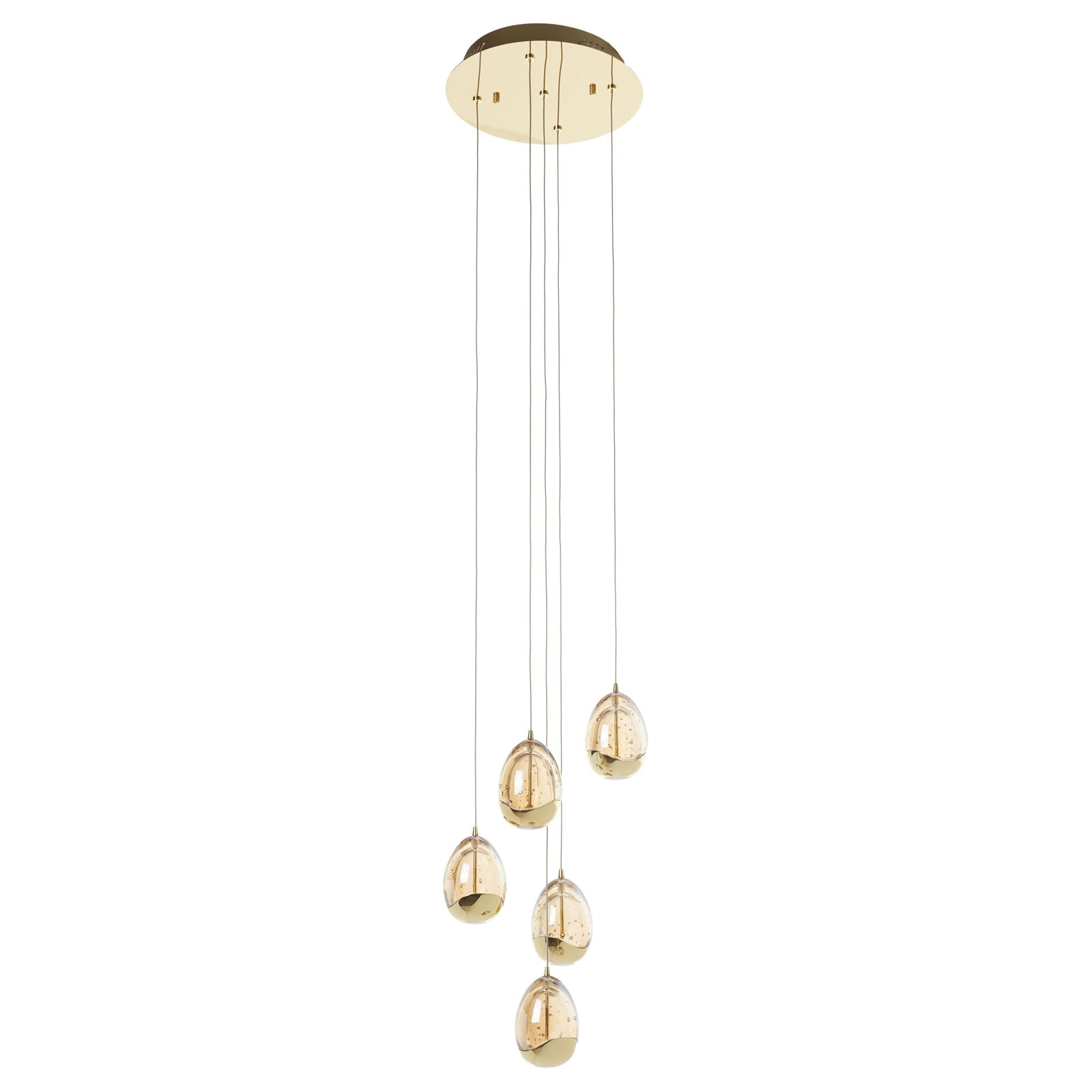 LED pendellampe Rocio 5-lys dimbar gullfarga glass detalj av glassskjermer