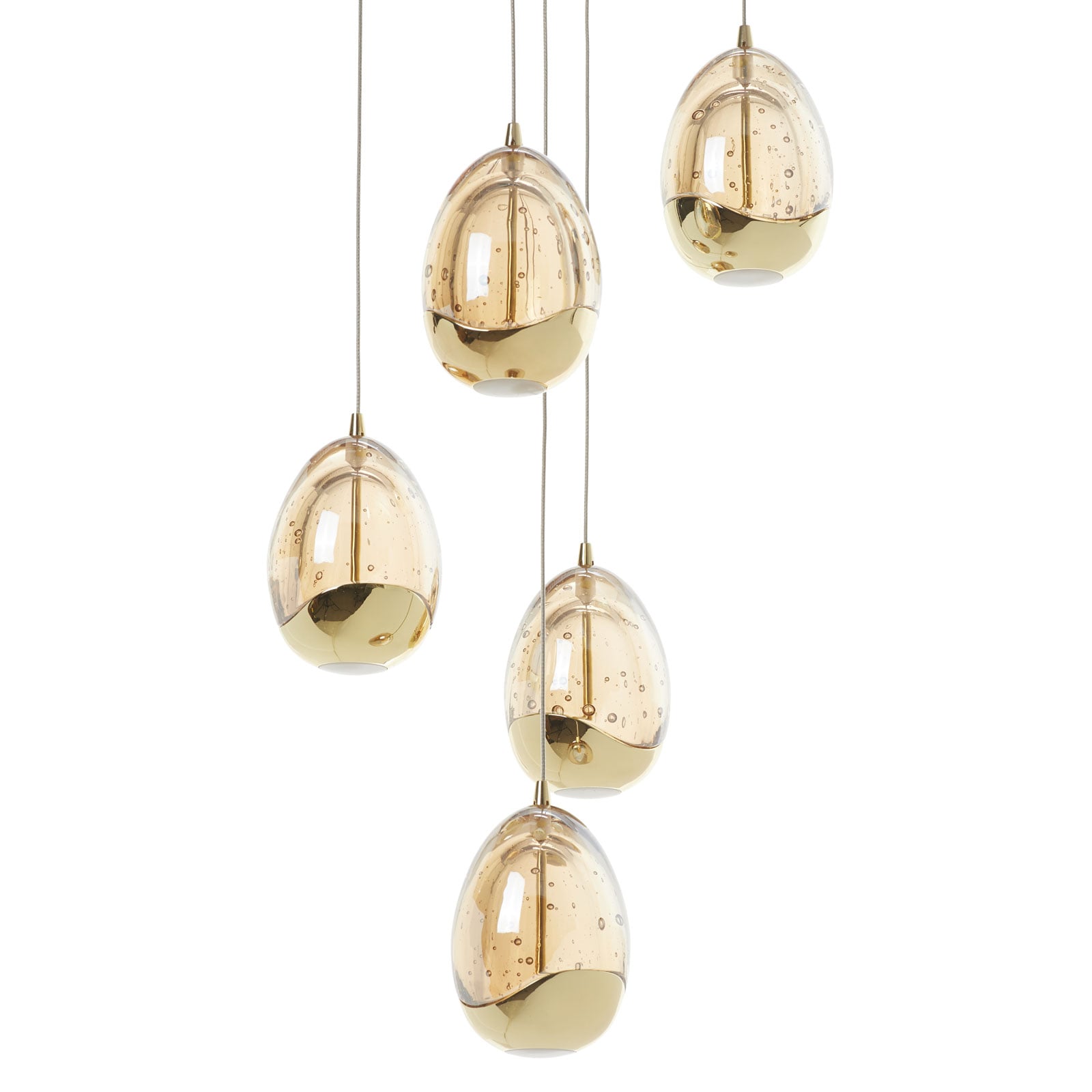 LED pendellampe Rocio 5-lys dimbar gullfarga glass montert i rom
