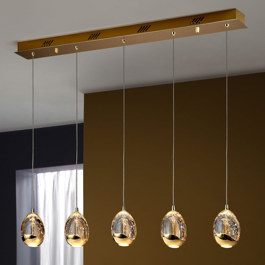 LED pendellampe Rocio 5-lys dråpeformet glass gull dimbar forfra