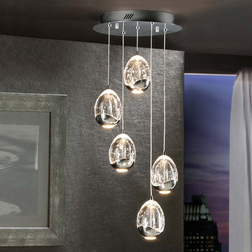LED pendellampe Rocio 5-lys glass krom dimbar Ø30 cm fra Schuller Valencia