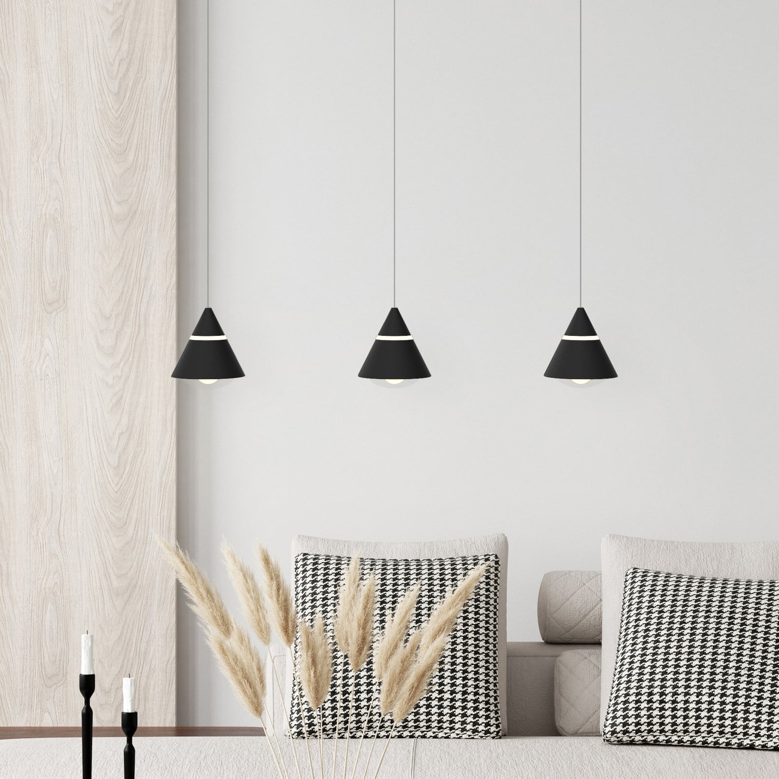 LED pendellampe Romeo 3-lys svart metall 55 cm CCT forfra