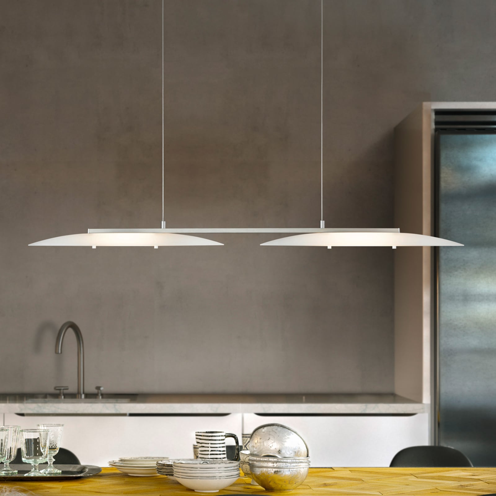 LED pendellampe Sally 2-lys matt nikkel glass dimbar 95 cm forfra