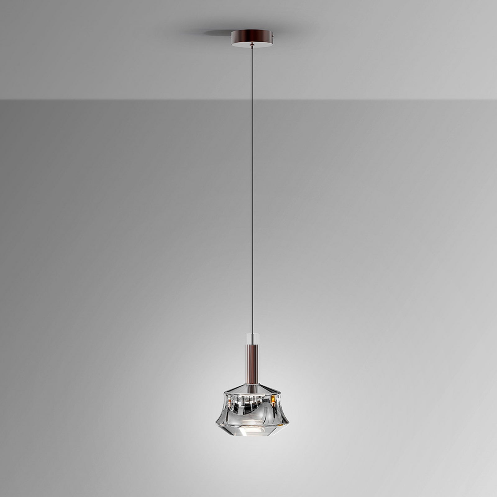 Nærbilde av lyskilde i LED pendellampe Scarlett sølvfarget glass Ø18 cm dimbar