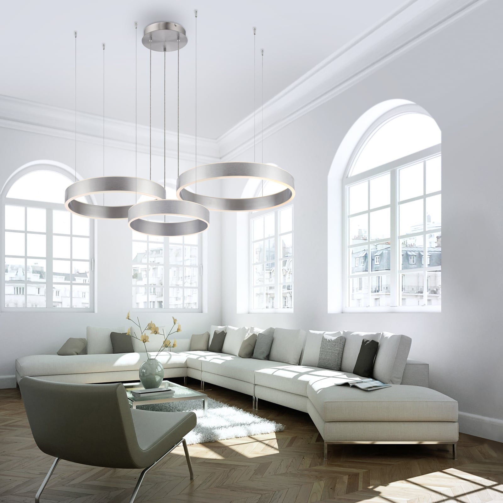 LED pendellampe Sculli dimbar CCT gestestyring sølv 110 cm bakside