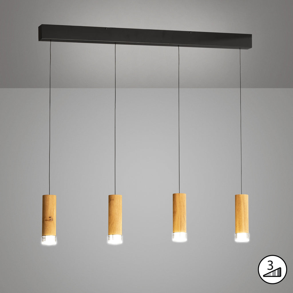 LED pendellampe Shine-Wood 4-lys eik/svart 100 cm detalj av materialer