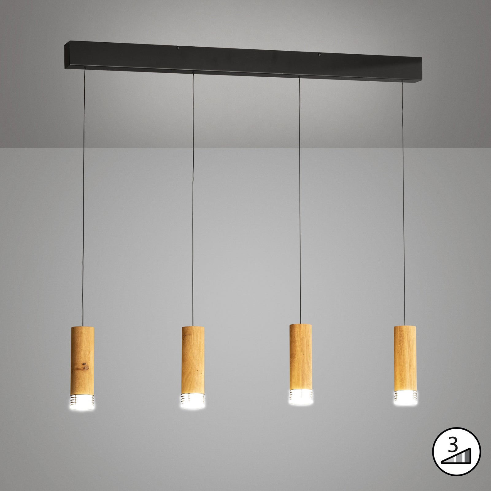 LED pendellampe Shine-Wood 4-lys eik/svart 100 cm detalj av materialer