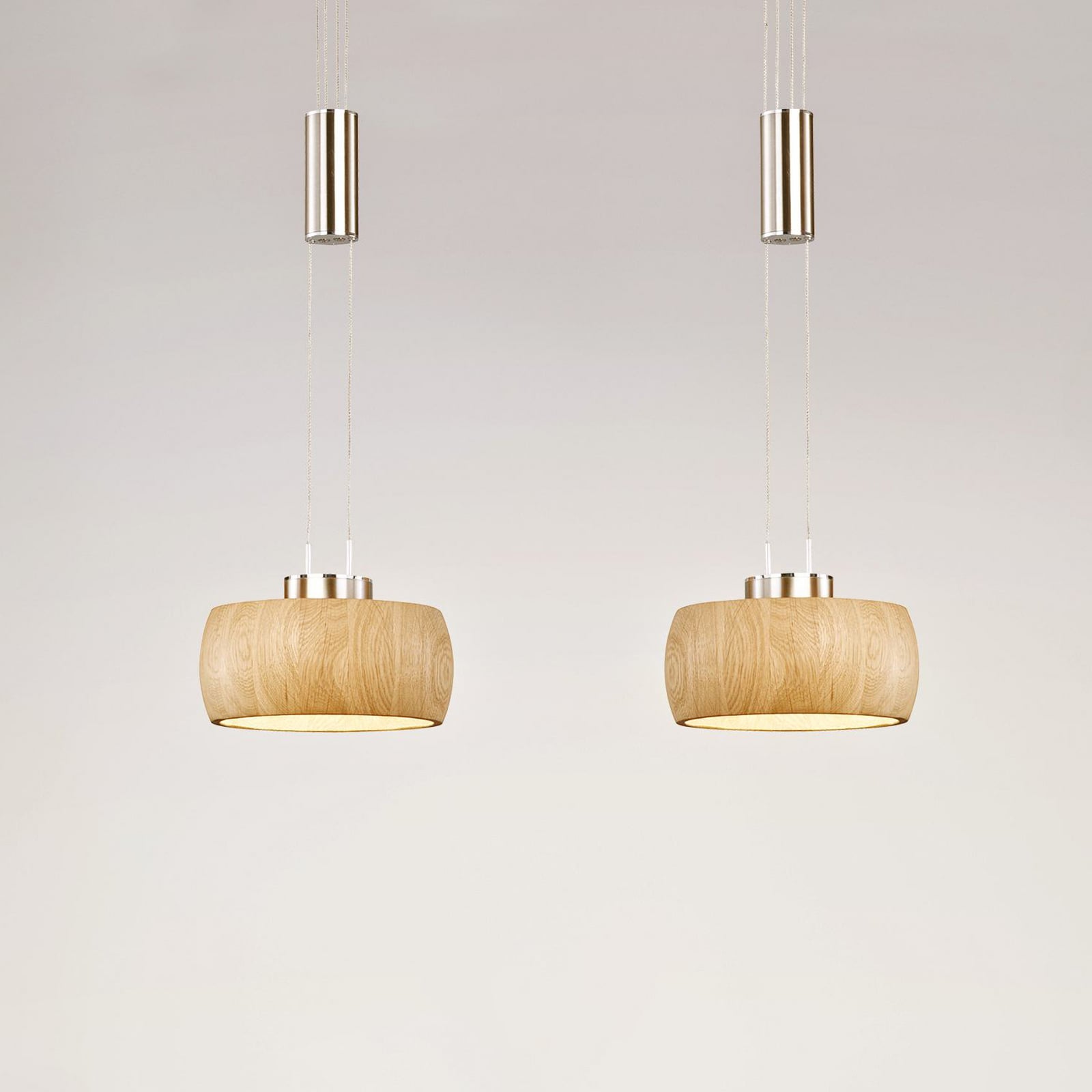 LED pendellampe Shine-Wood eik/matt nikkel forfra