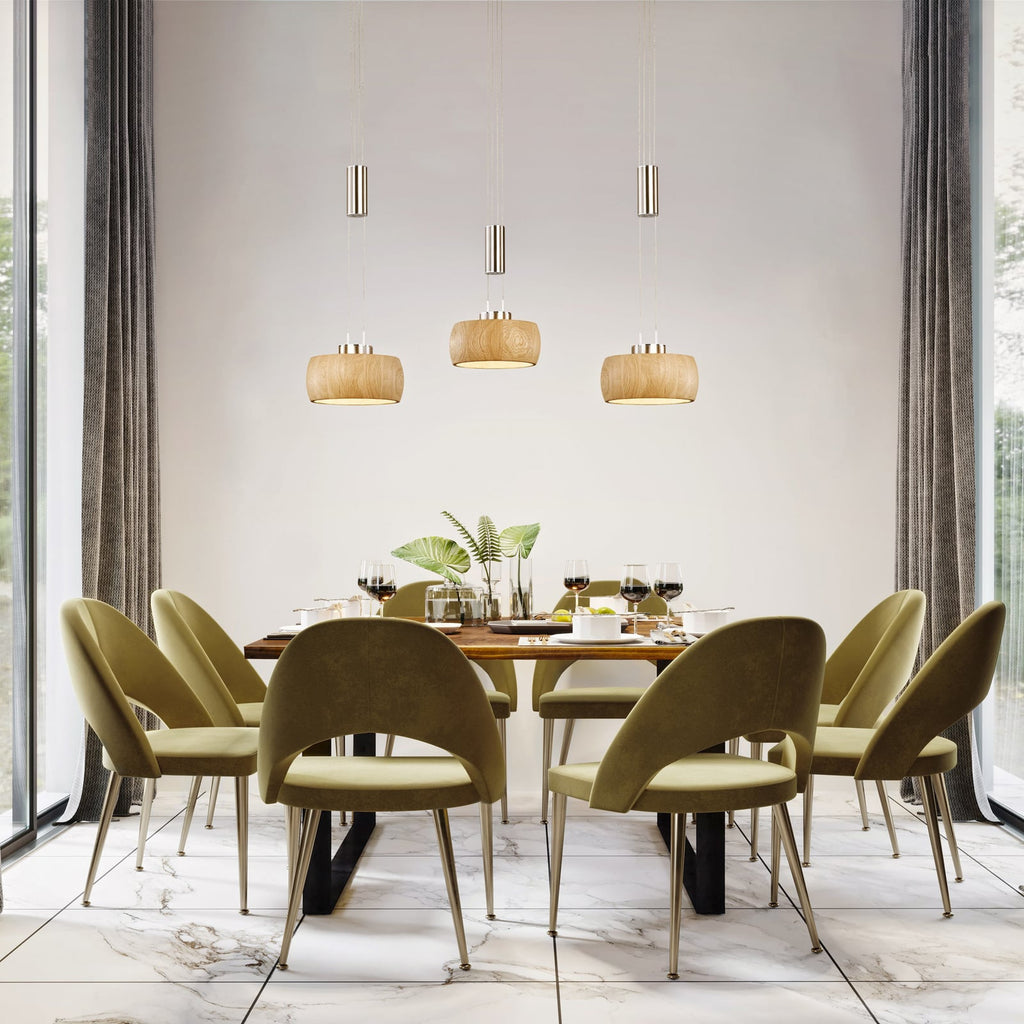 Bakside av LED pendellampe Shine-Wood eik/nikkel 3-lys