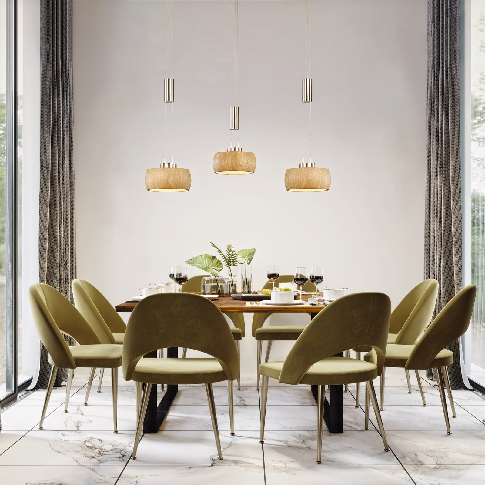 Bakside av LED pendellampe Shine-Wood eik/nikkel 3-lys