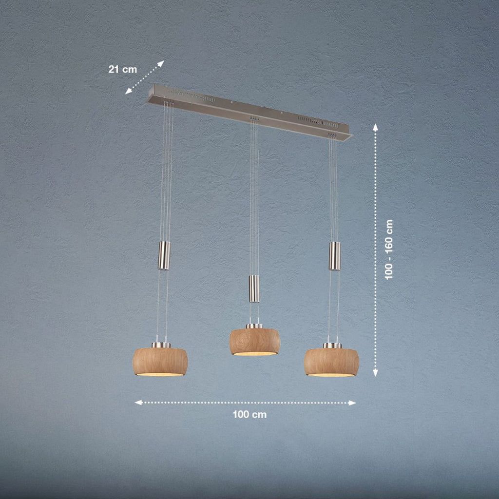 LED pendellampe Shine-Wood eik/nikkel 3-lys montert i rom