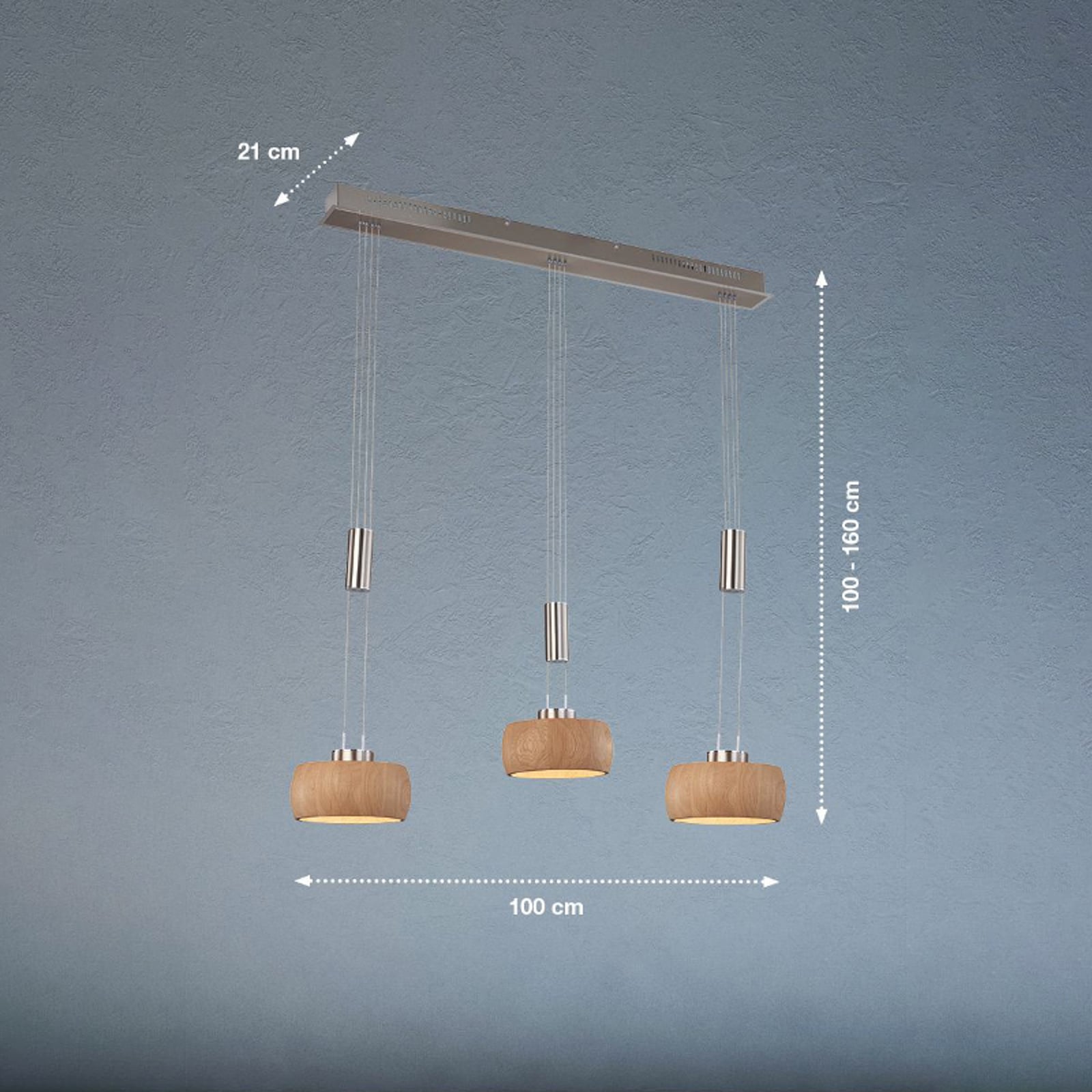 LED pendellampe Shine-Wood eik/nikkel 3-lys montert i rom