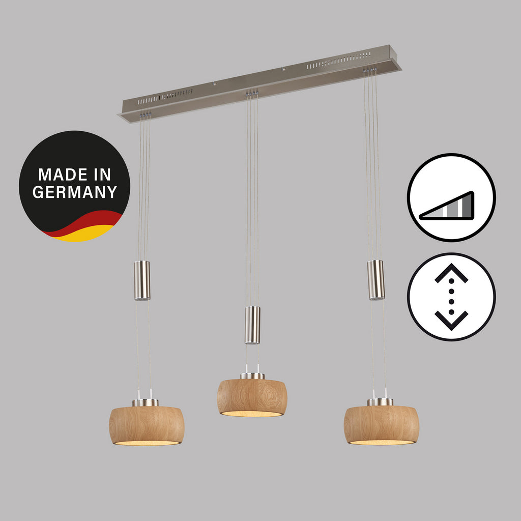 Nærbilde av LED pendellampe Shine-Wood eik/nikkel 3-lys
