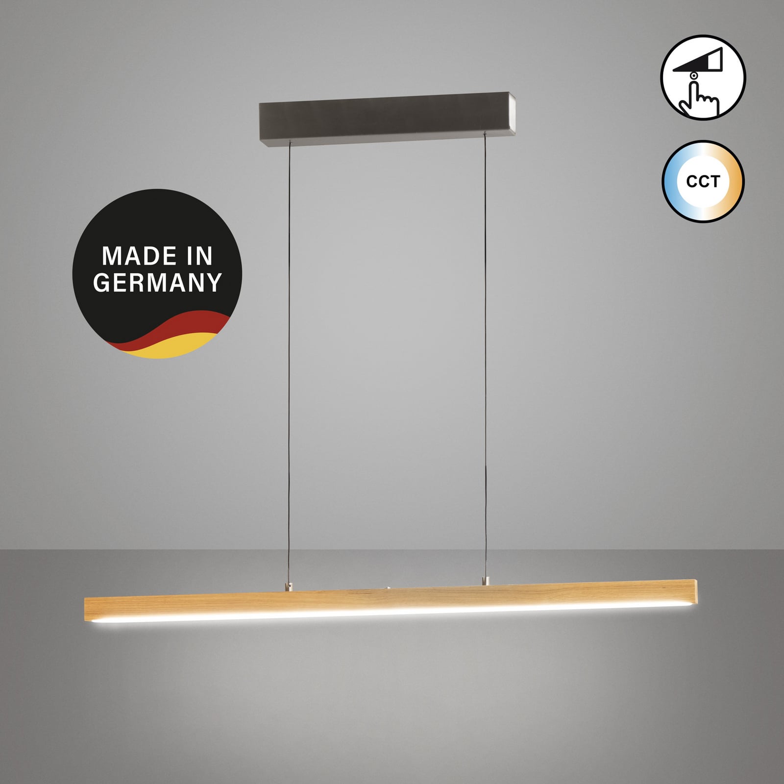 LED pendellampe Shine-Wood eik/nikkel dimbar CCT 105 cm detalj