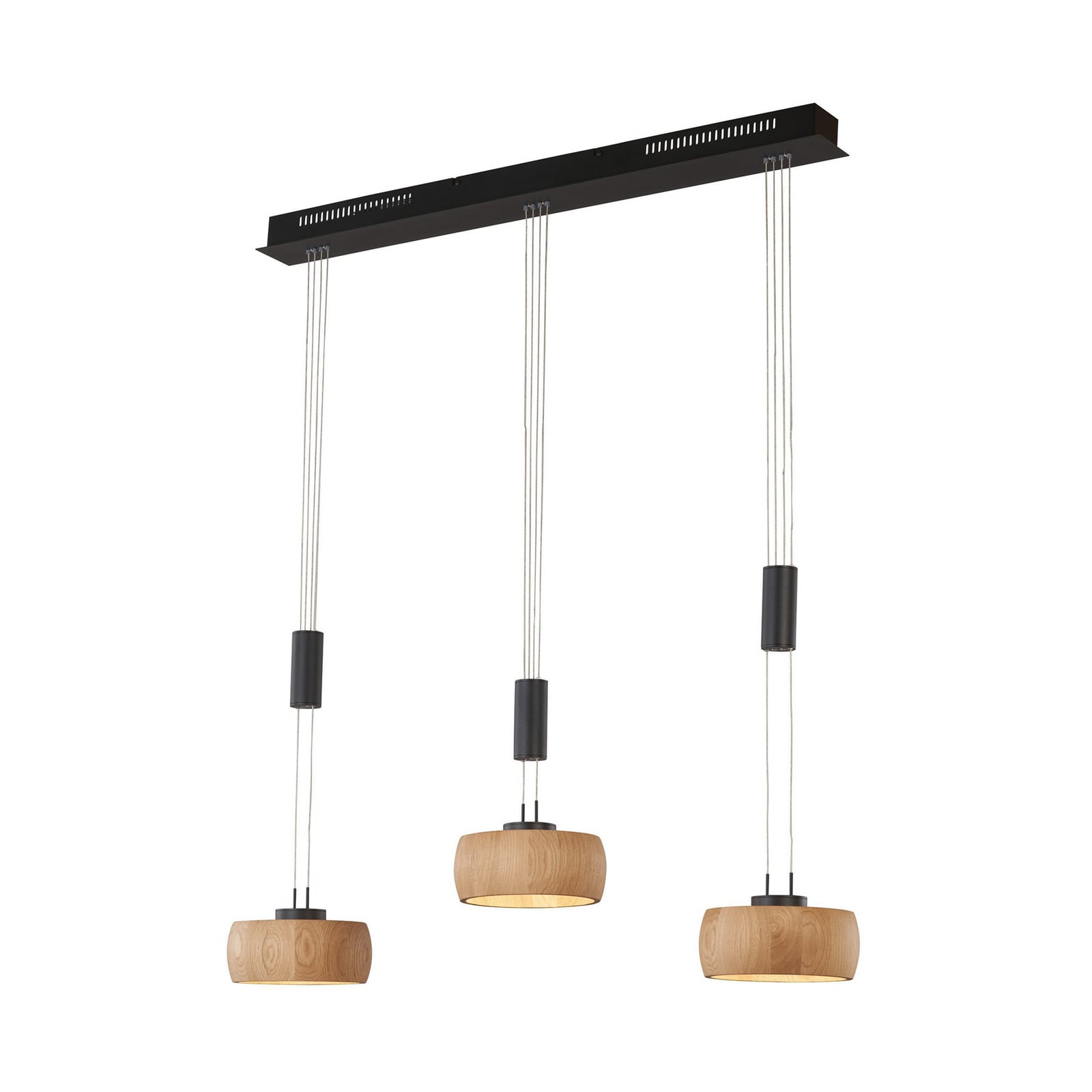 LED pendellampe Shine-Wood eik/svart 100 cm 3-lys dimbar forfra