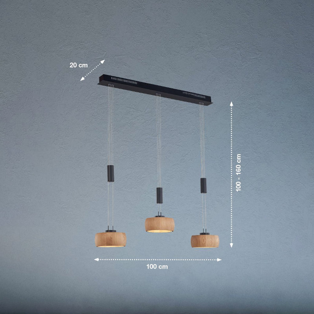 LED pendellampe Shine-Wood eik/svart 100 cm 3-lys dimbar bakside