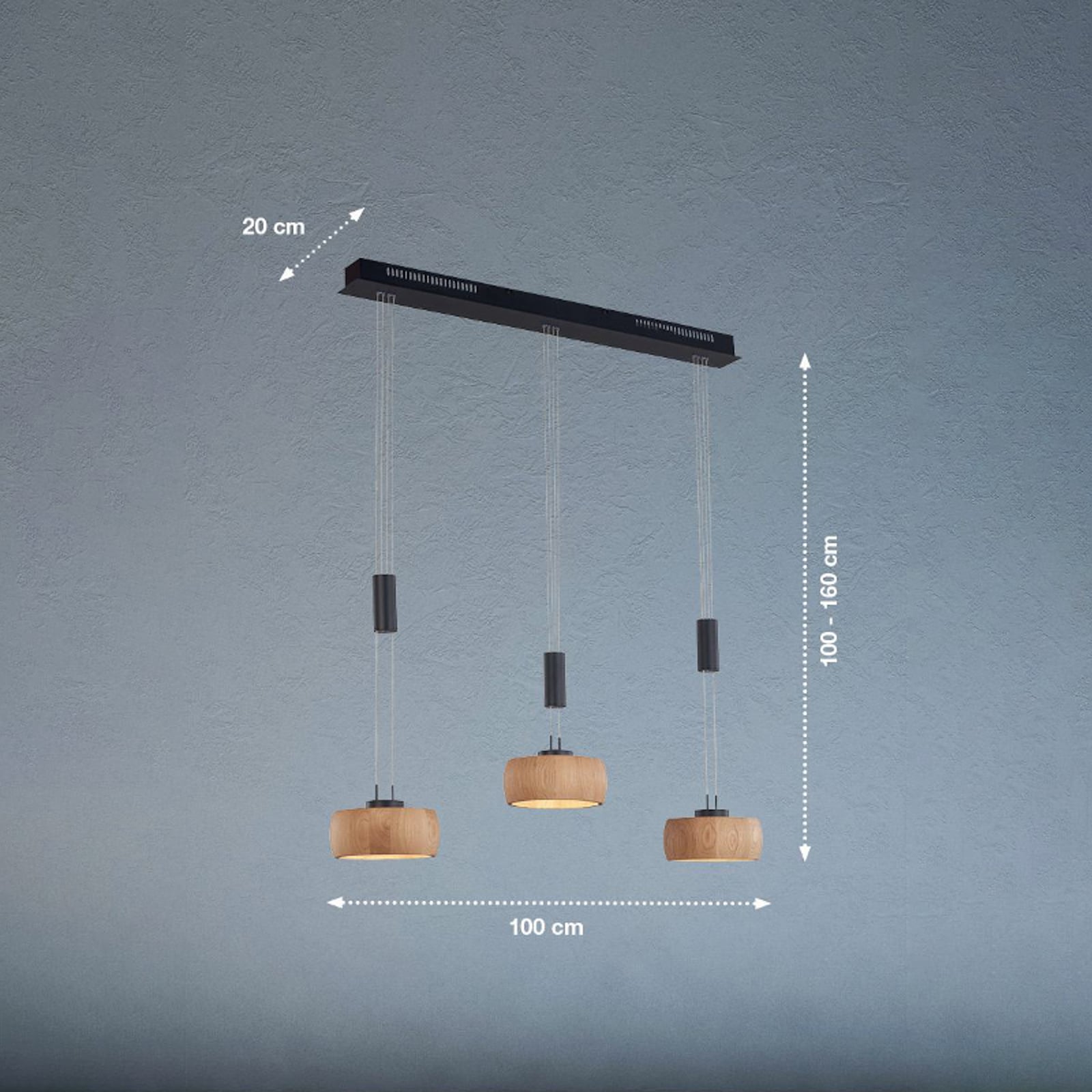 LED pendellampe Shine-Wood eik/svart 100 cm 3-lys dimbar bakside
