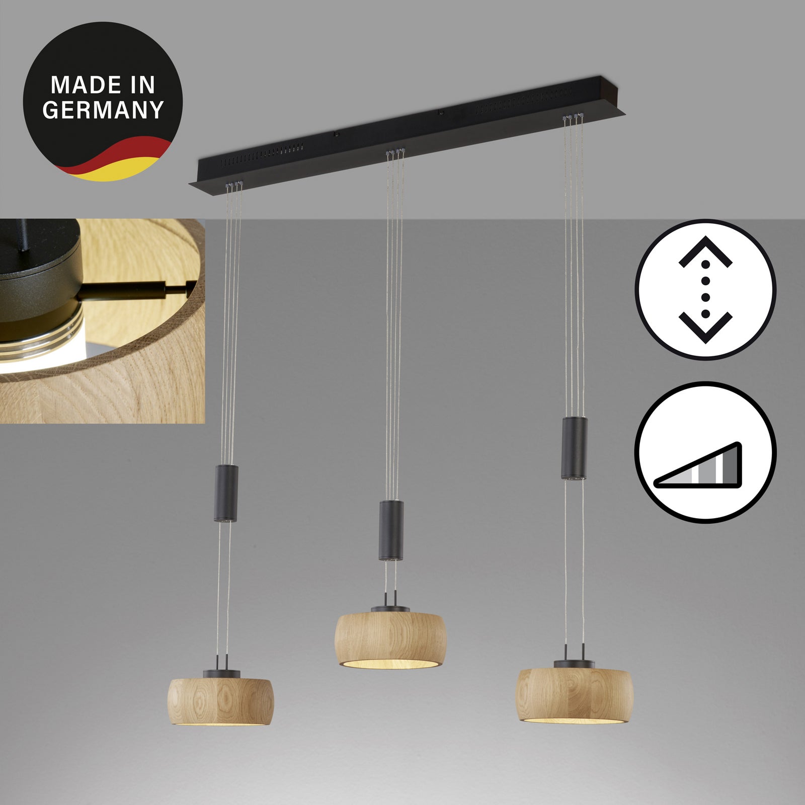 LED pendellampe Shine-Wood eik/svart 100 cm 3-lys dimbar montert i rom