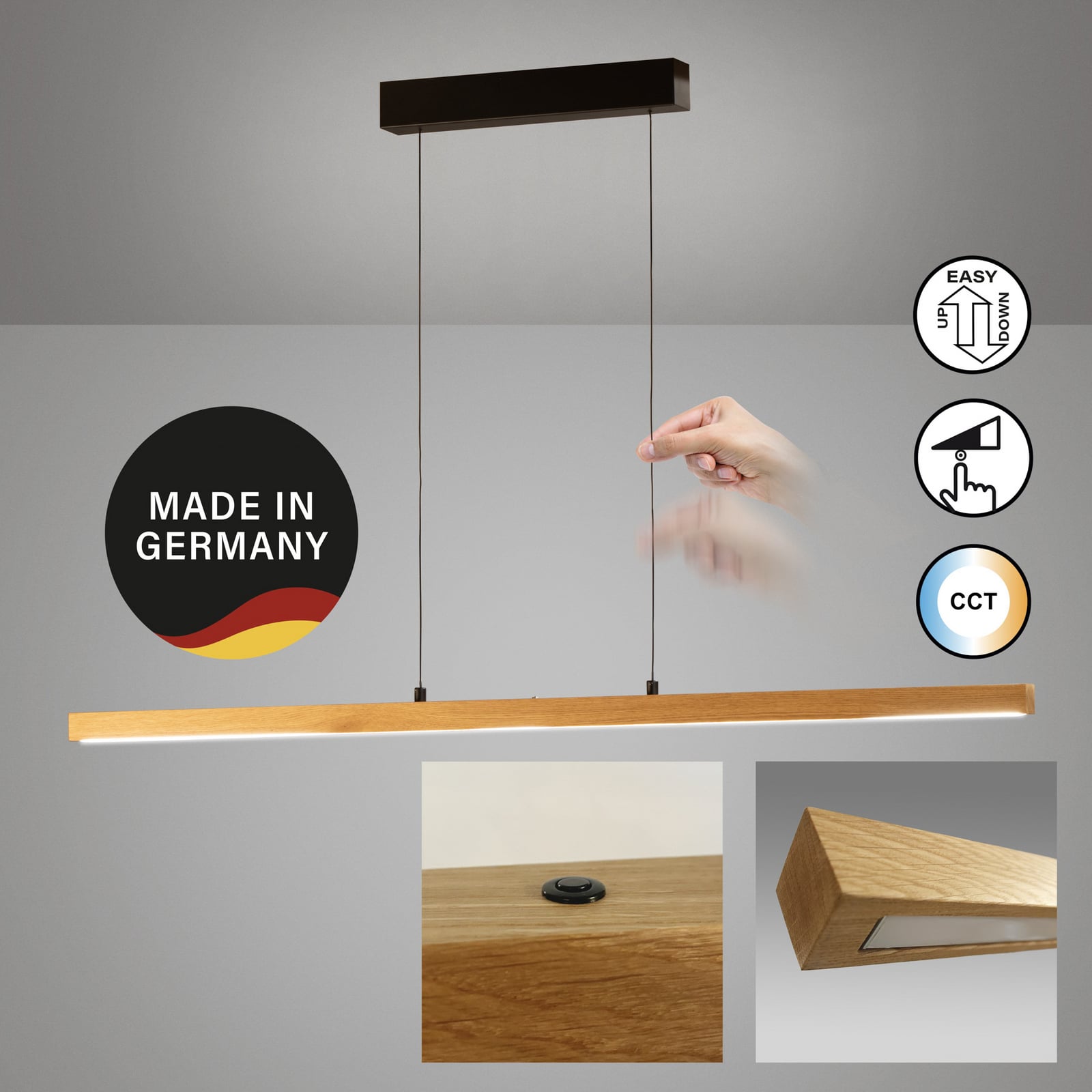 LED pendellampe Shine-Wood eik svart detalj nærbilde