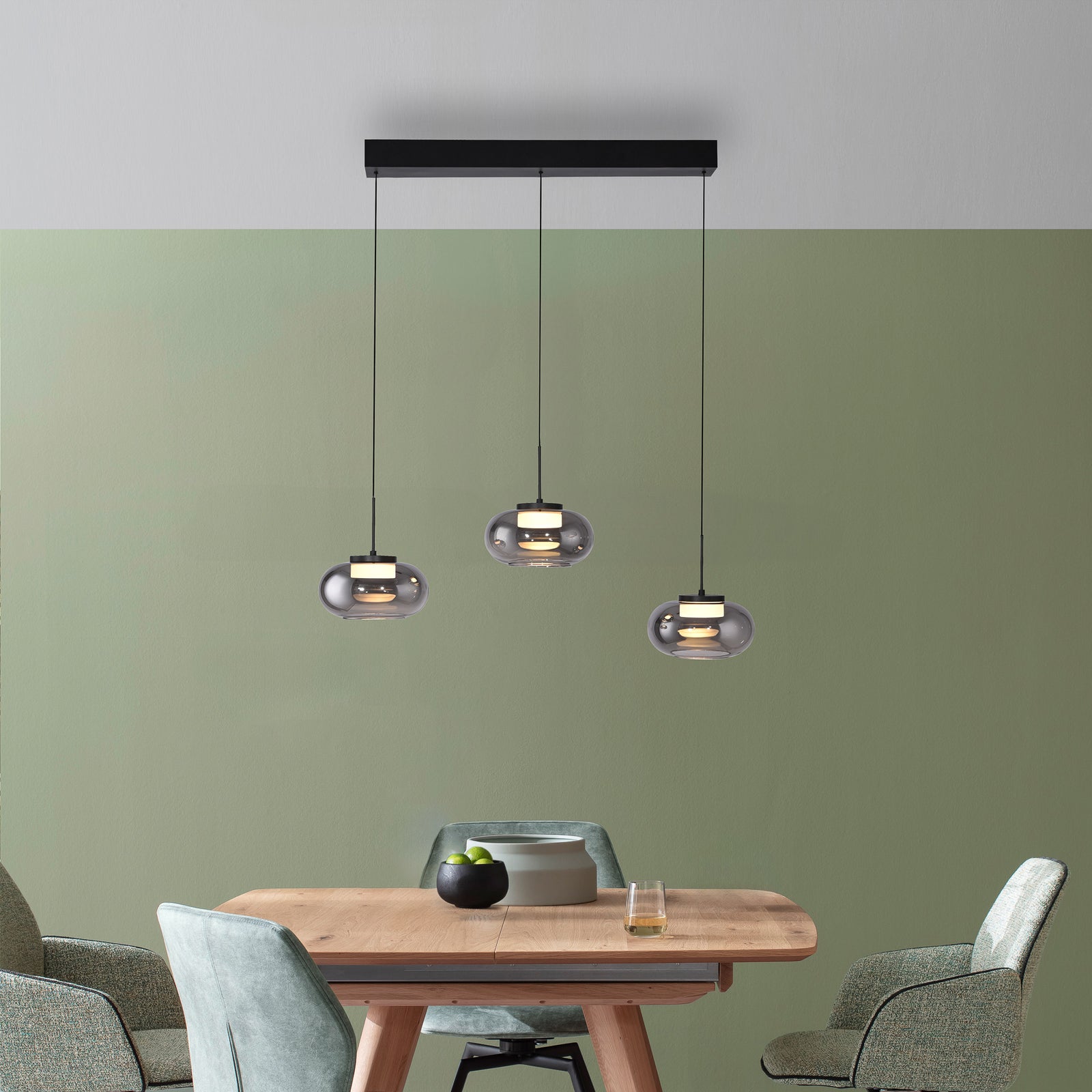 LED pendellampe Sia 3-lys røykgrå glass dimbar bakside